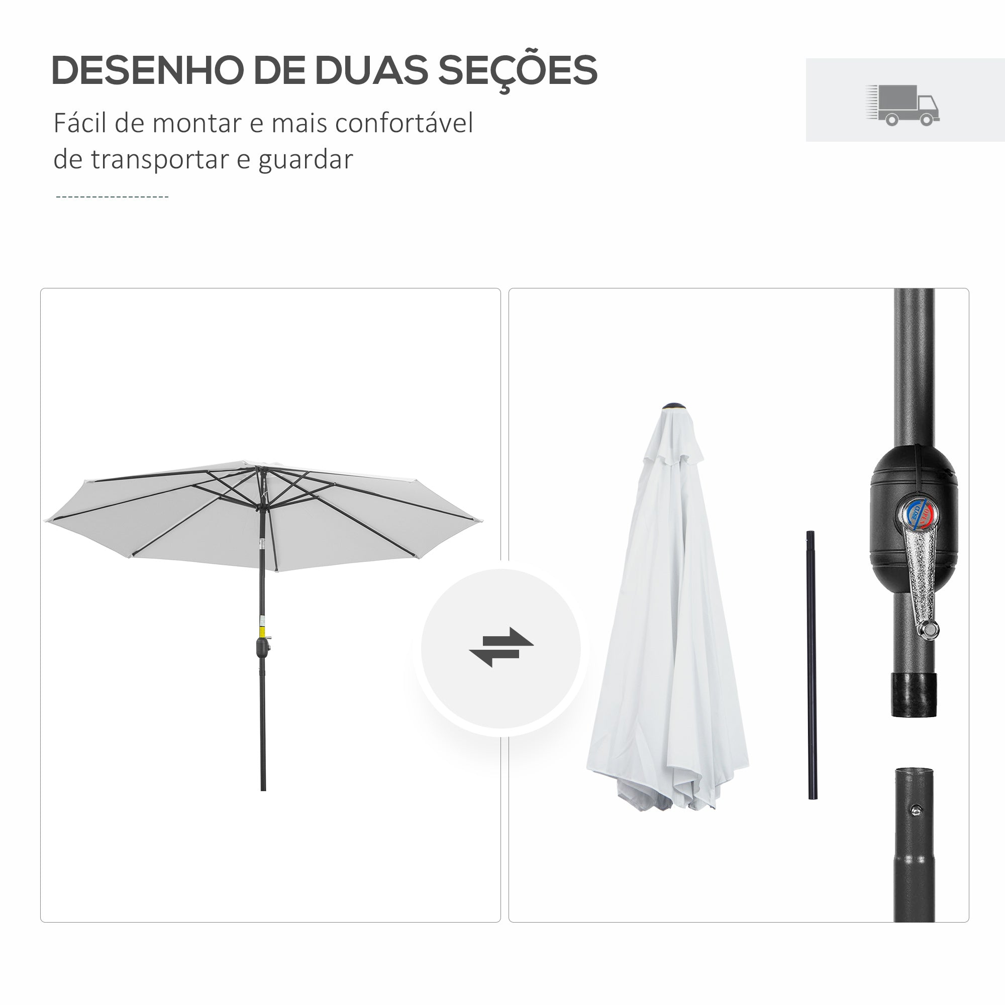 Guarda-Sol de Jardim – Ø295x250cm – Branco – Metal e poliéster