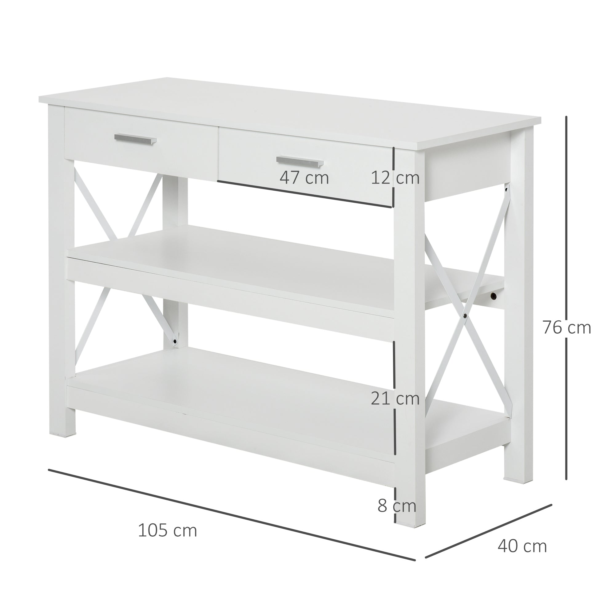 Mesa de Console Moderna com 2 Gavetas e Prateleiras 105x40x76 cm - Branco