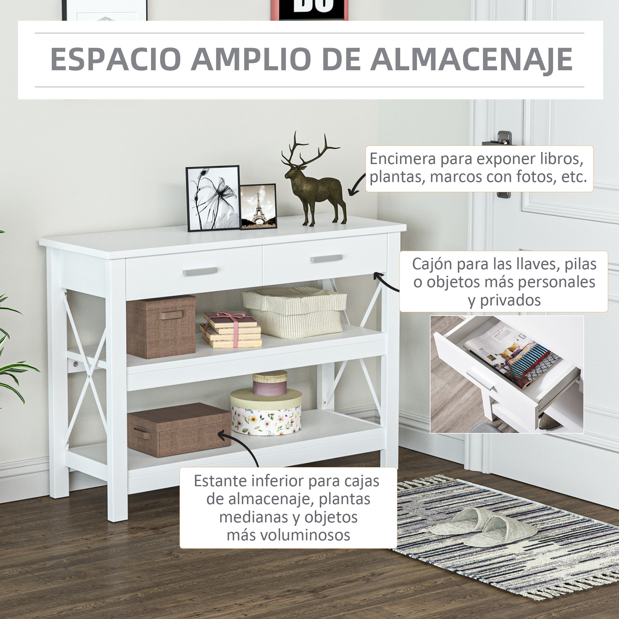 Mesa de Console Moderna com 2 Gavetas e Prateleiras 105x40x76 cm - Branco