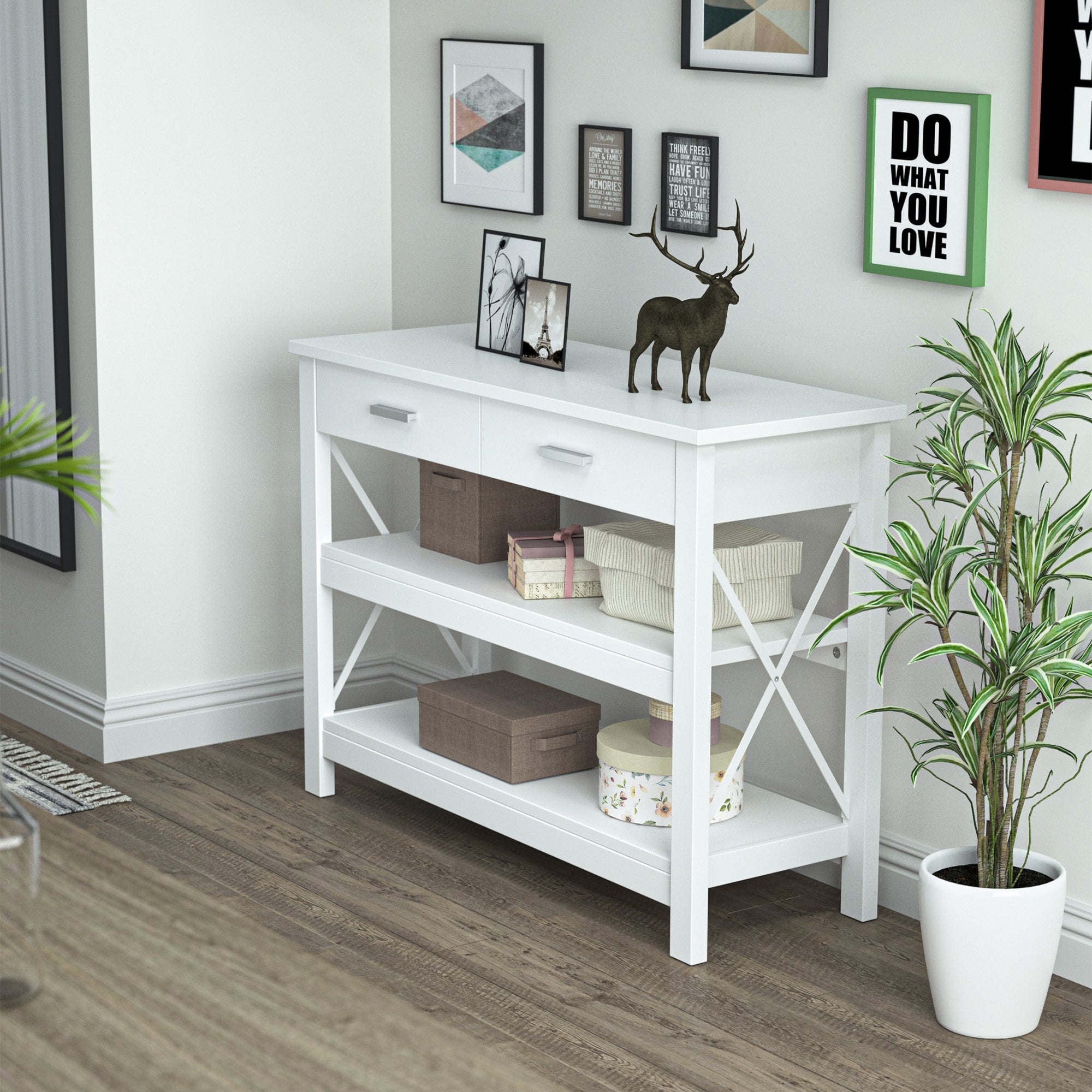 Mesa de Console Moderna com 2 Gavetas e Prateleiras 105x40x76 cm - Branco