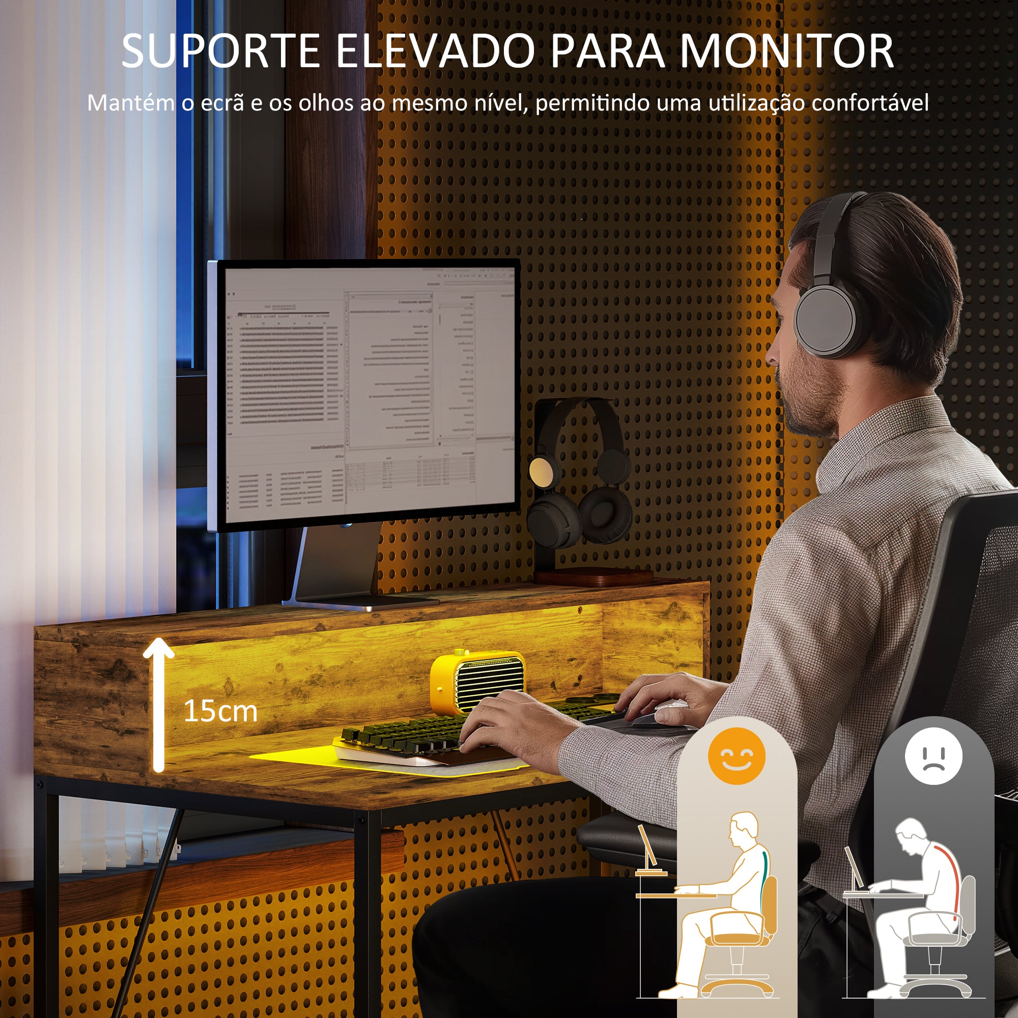 Secretária de Escritório Industrial – 100x50x90,5 cm – Castanho Rústico – Melamina de madeira e Aço
