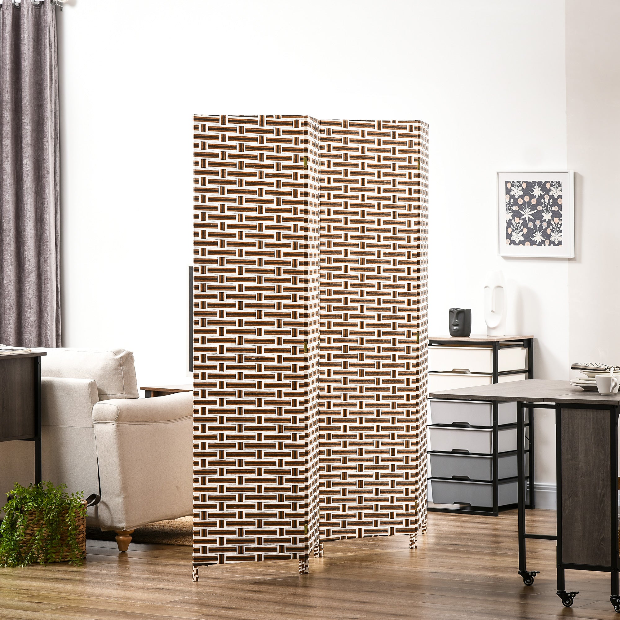Biombo Separador de Ambientes de 4 Paineis 180x180cm - Cor Branco, Preto e Marrom