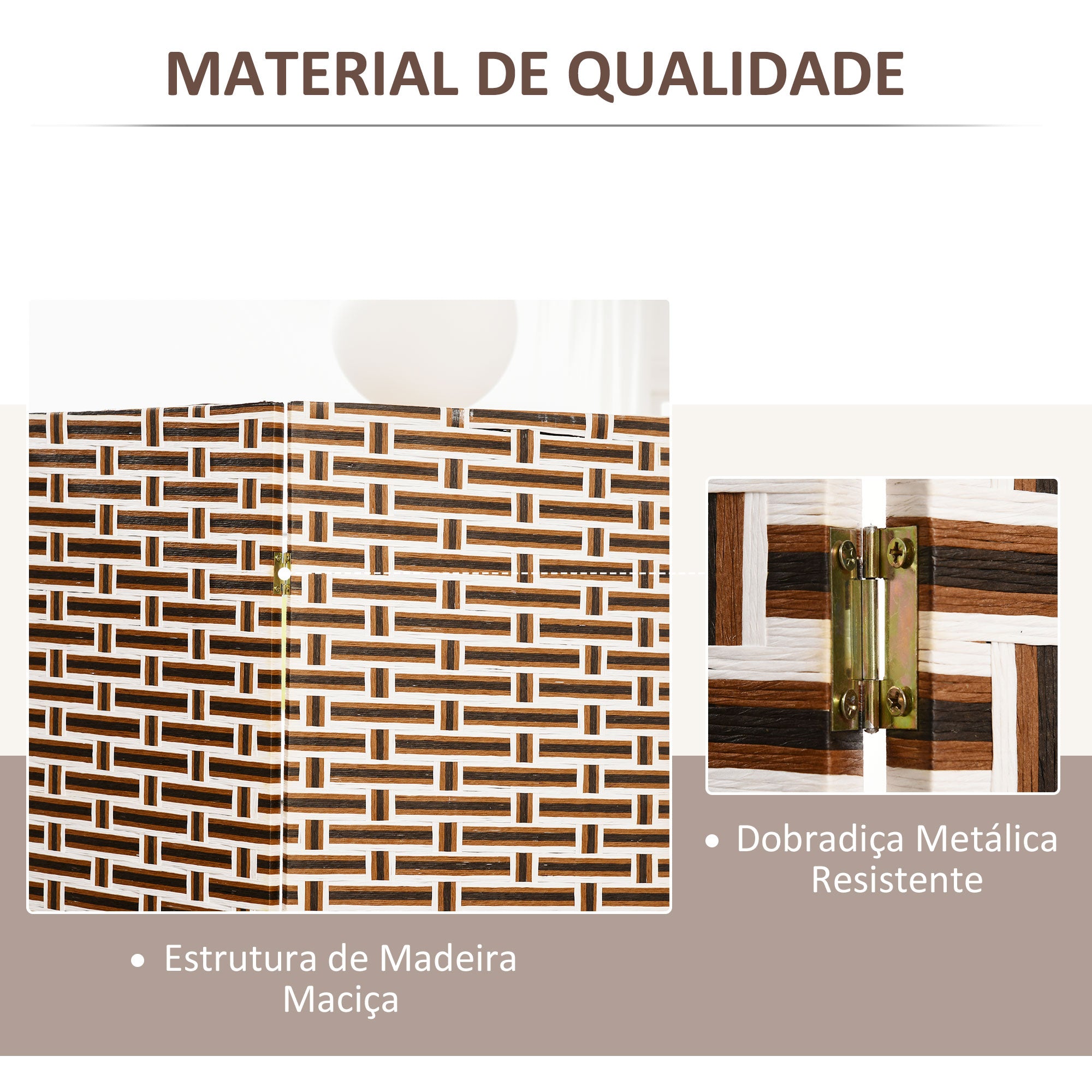 Biombo Separador de Ambientes de 4 Paineis 180x180cm - Cor Branco, Preto e Marrom