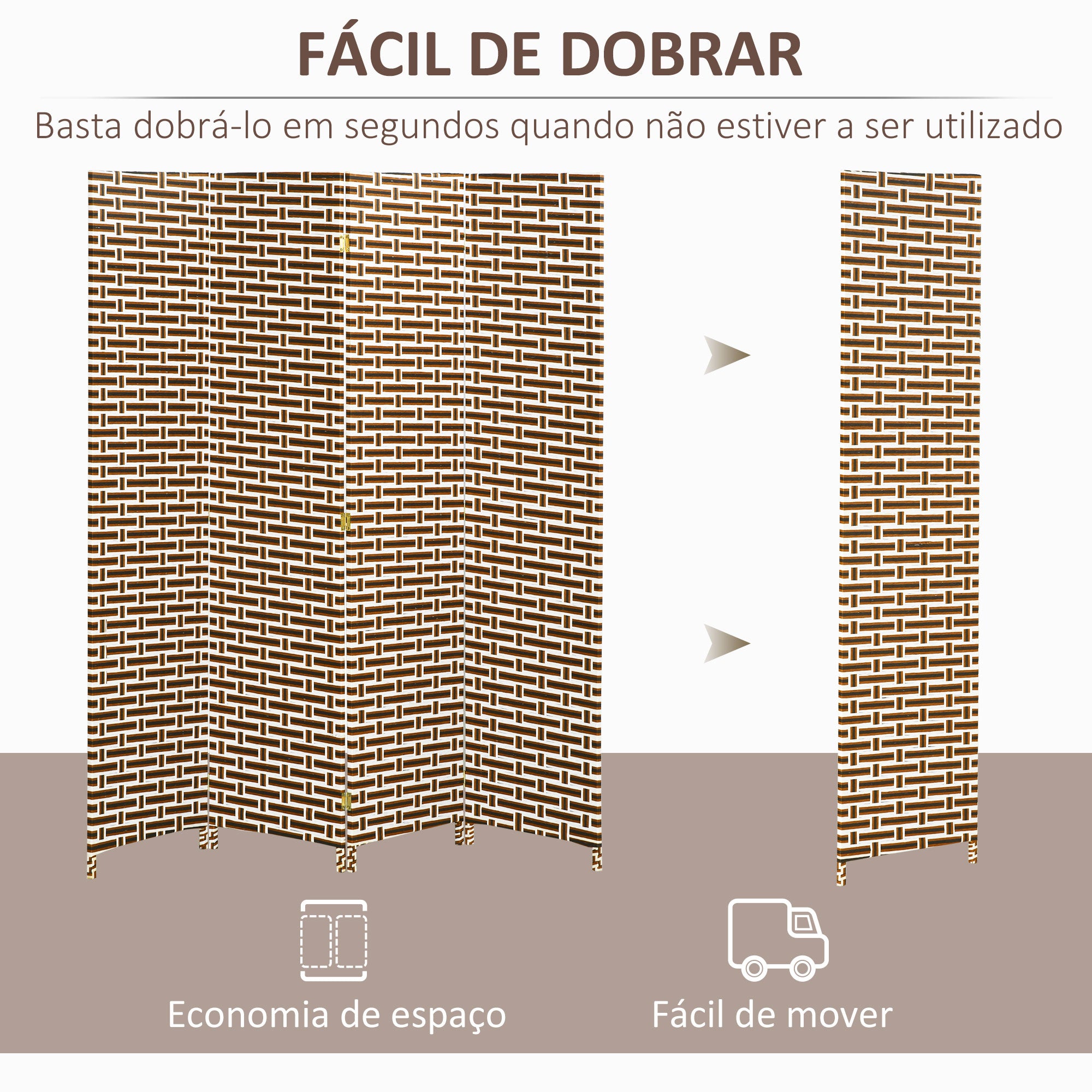 Biombo Separador de Ambientes de 4 Paineis 180x180cm - Cor Branco, Preto e Marrom