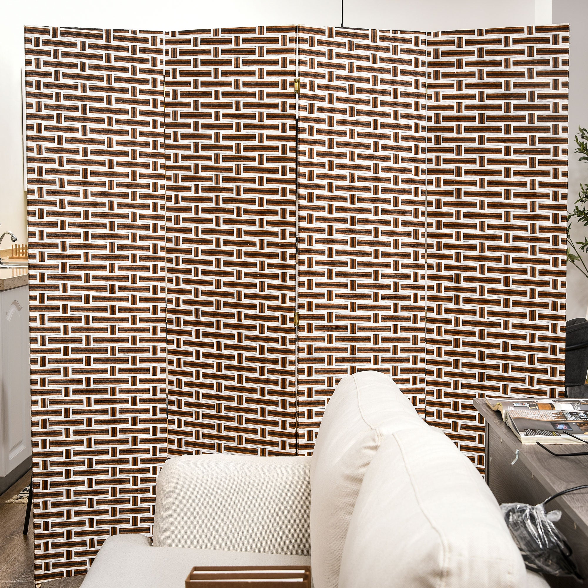 Biombo Separador de Ambientes de 4 Paineis 180x180cm - Cor Branco, Preto e Marrom