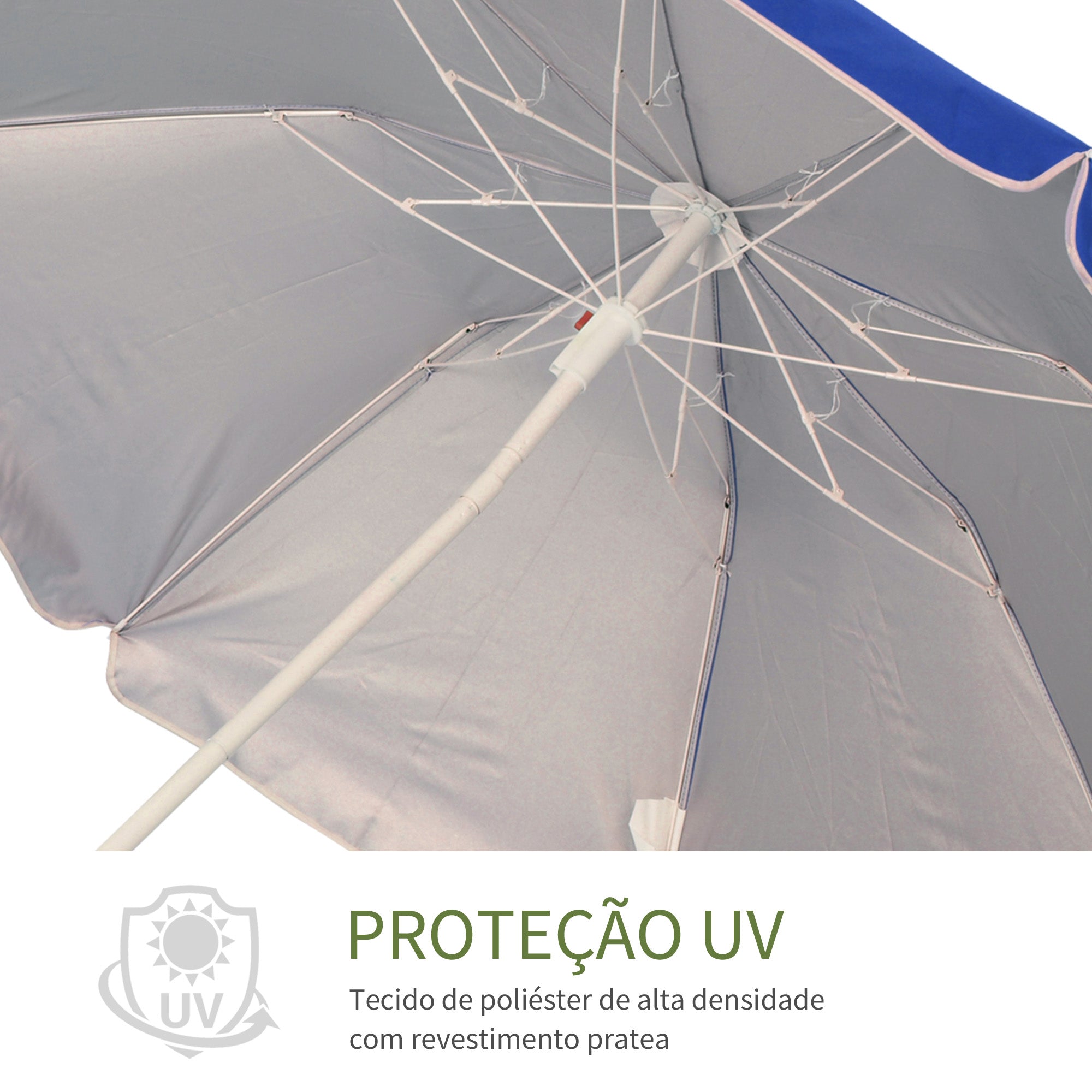 Chapéu de Sol de Praia Grande Azul Ø160x205 cm Proteção UV Impermeável e Bolsa de Transporte