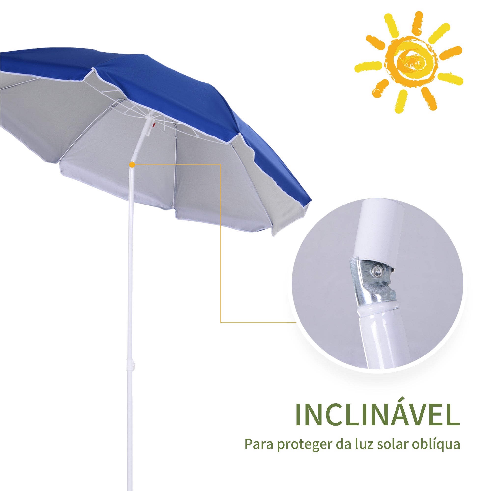 Chapéu de Sol de Praia Grande Azul Ø160x205 cm Proteção UV Impermeável e Bolsa de Transporte