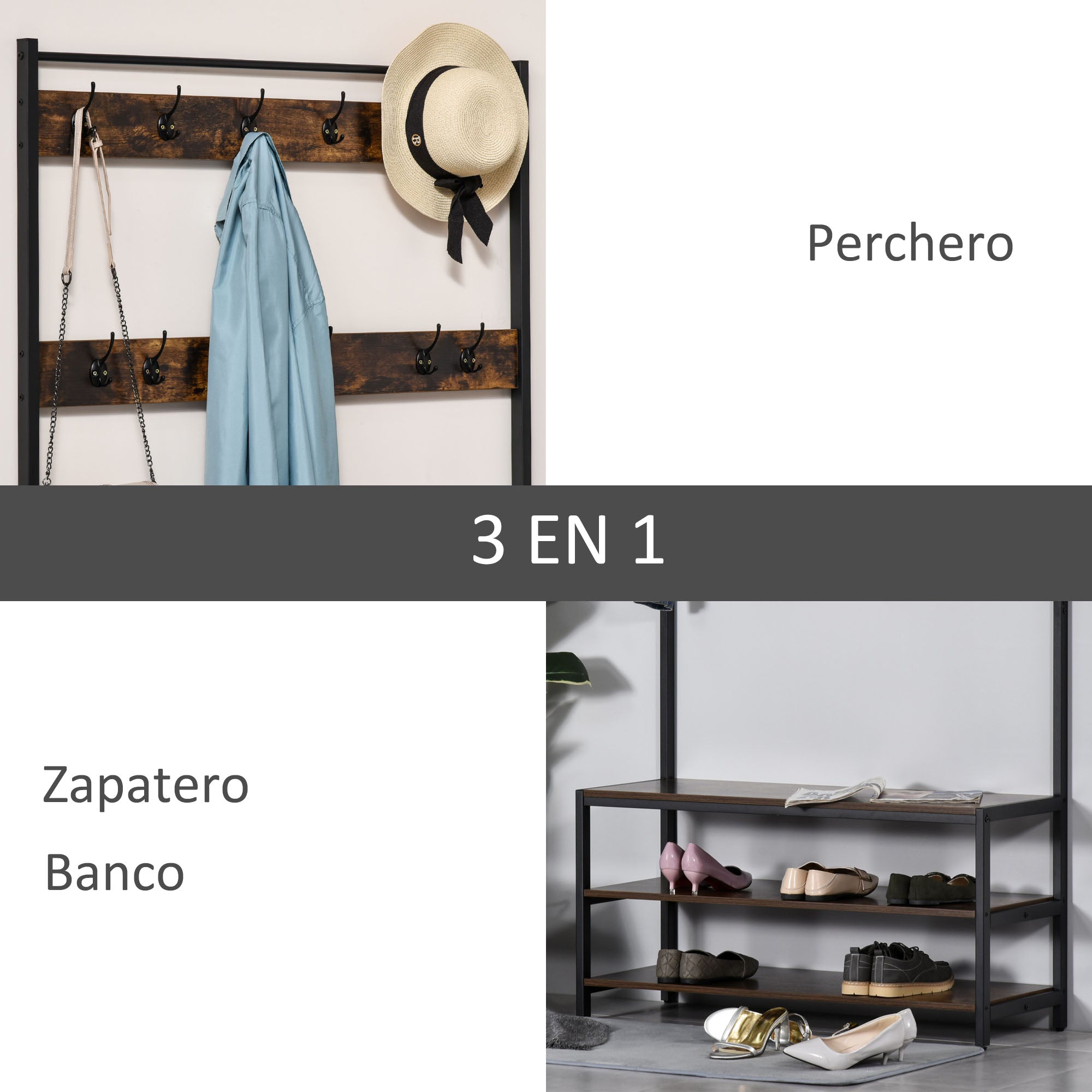 Cabide com Sapateira e Banco Estilo Industrial 100x40x184 cm - Castanho Rústico e Preto