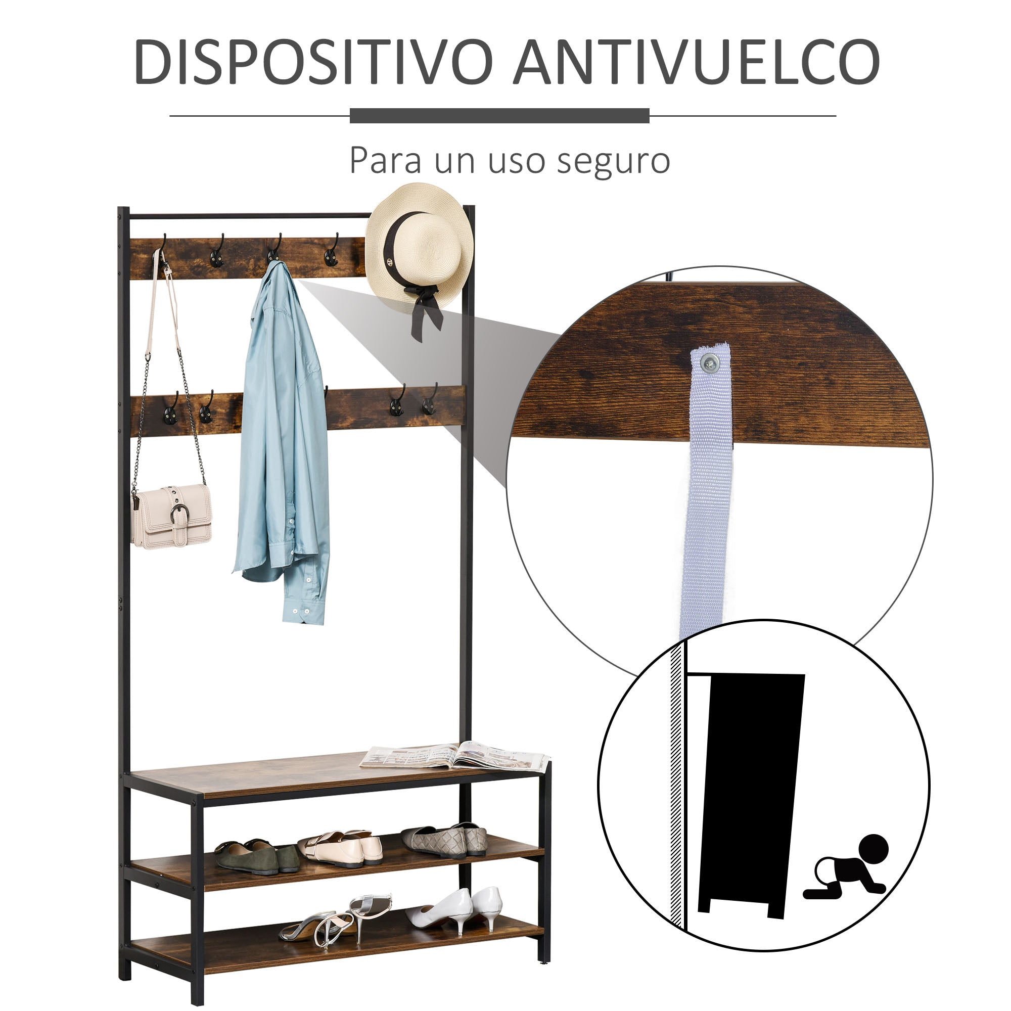 Cabide com Sapateira e Banco Estilo Industrial 100x40x184 cm - Castanho Rústico e Preto