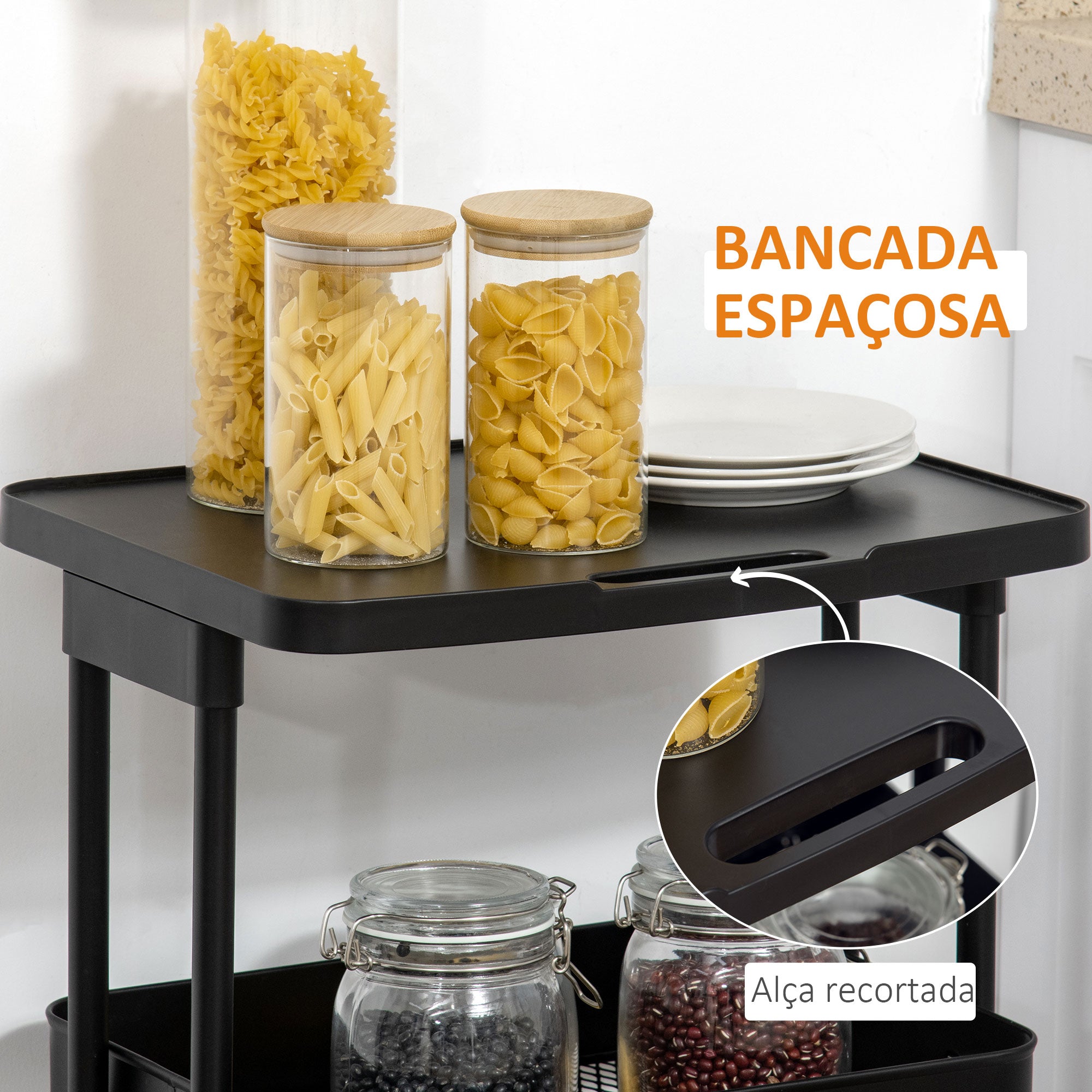 Carrinho de Cozinha 3 Níveis – 46x34.5x76.5cm – Preto – Aço