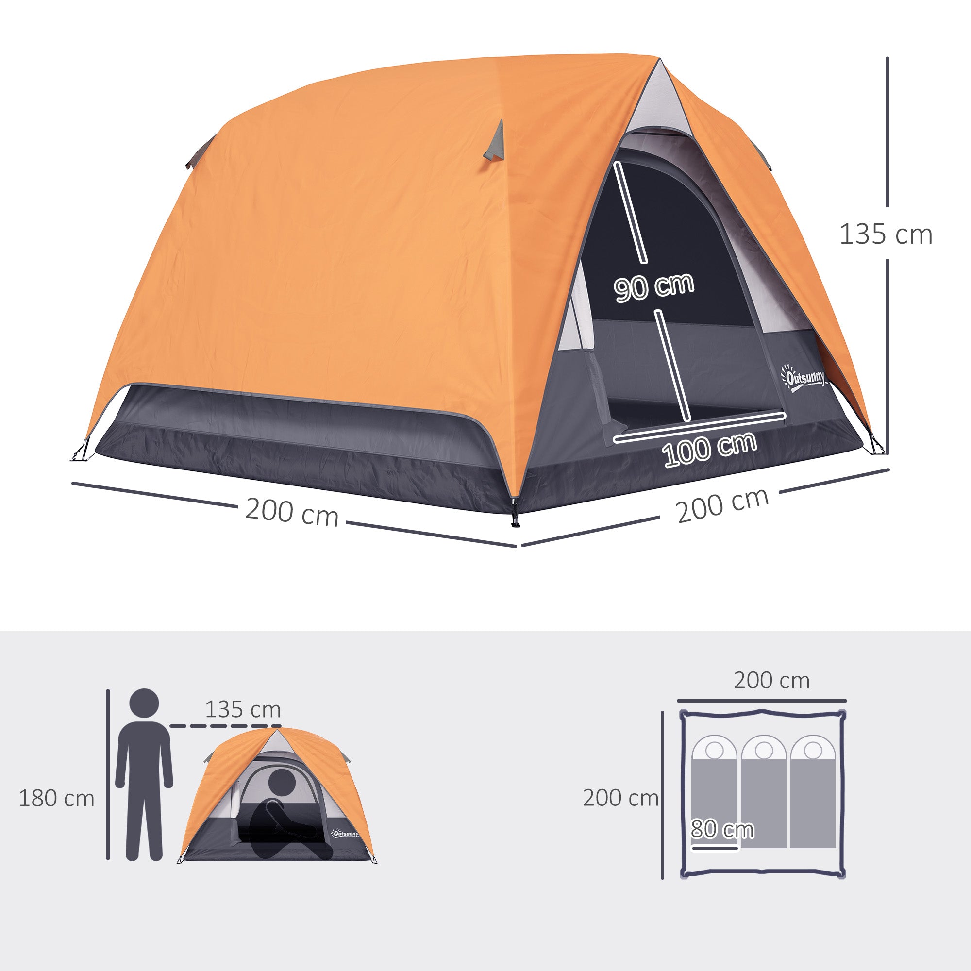 Tenda de Campismo Dobrável 200x200x135 cm - Laranja e Cinzento