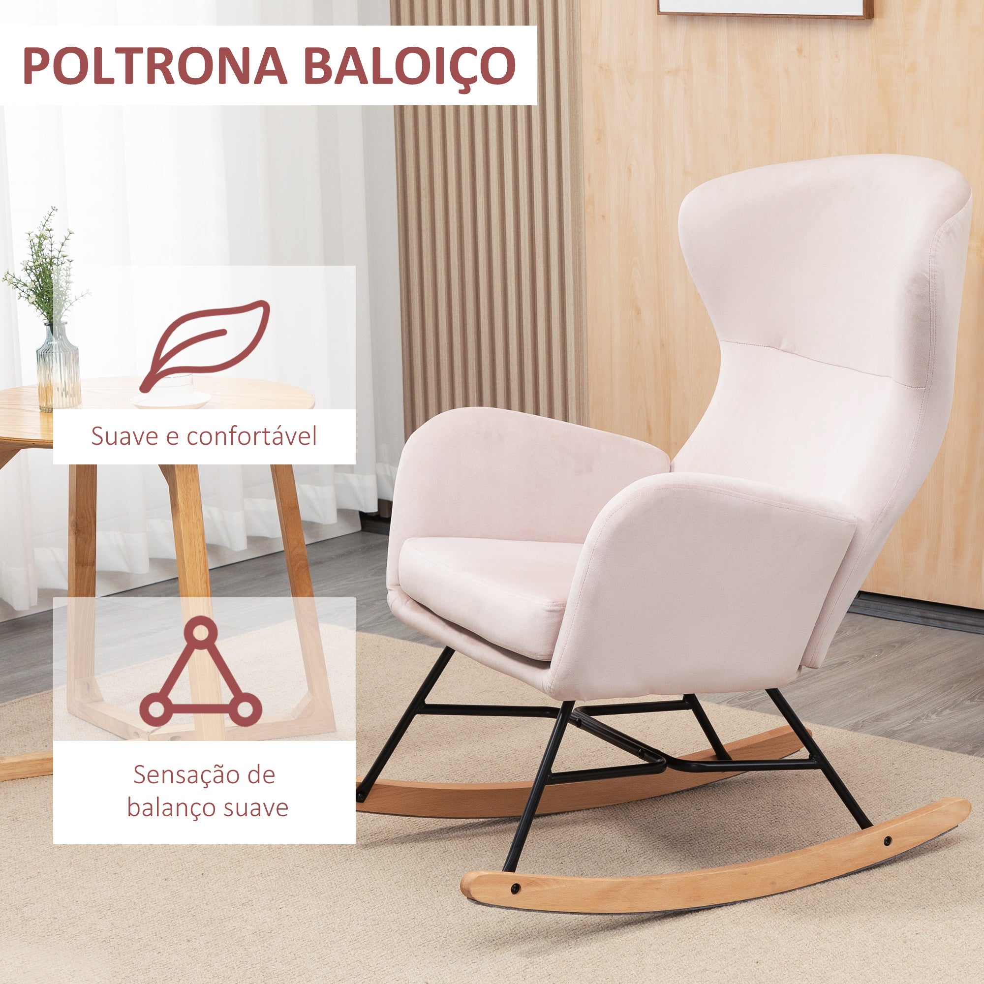 Poltrona Baloiço Estofada em Veludo Rosa 65x87x102 cm