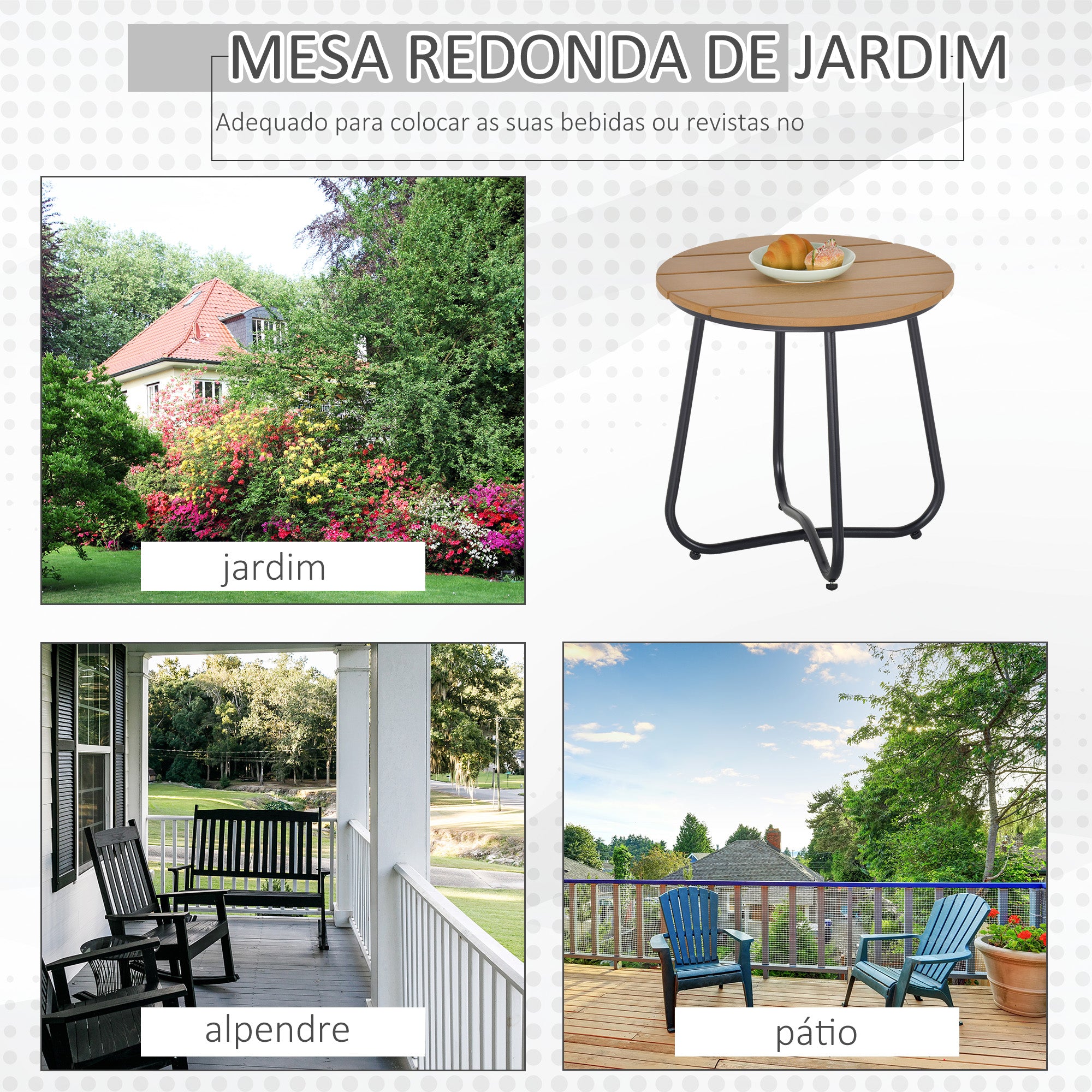 Mesa Auxiliar Redonda para Jardim - Madeira e Preto - Ø49x48 cm