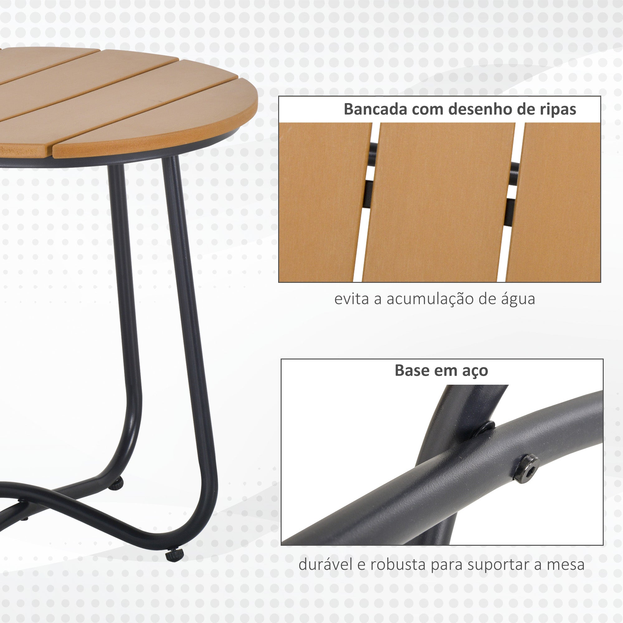 Mesa Auxiliar Redonda para Jardim - Madeira e Preto - Ø49x48 cm