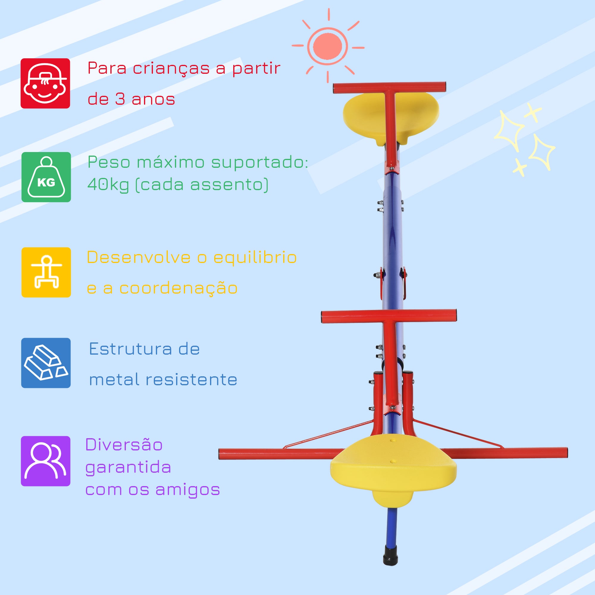 Gangorra Giratória 360º para Crianças Acima de 3 Anos - 182x77x43 cm - Multicolor