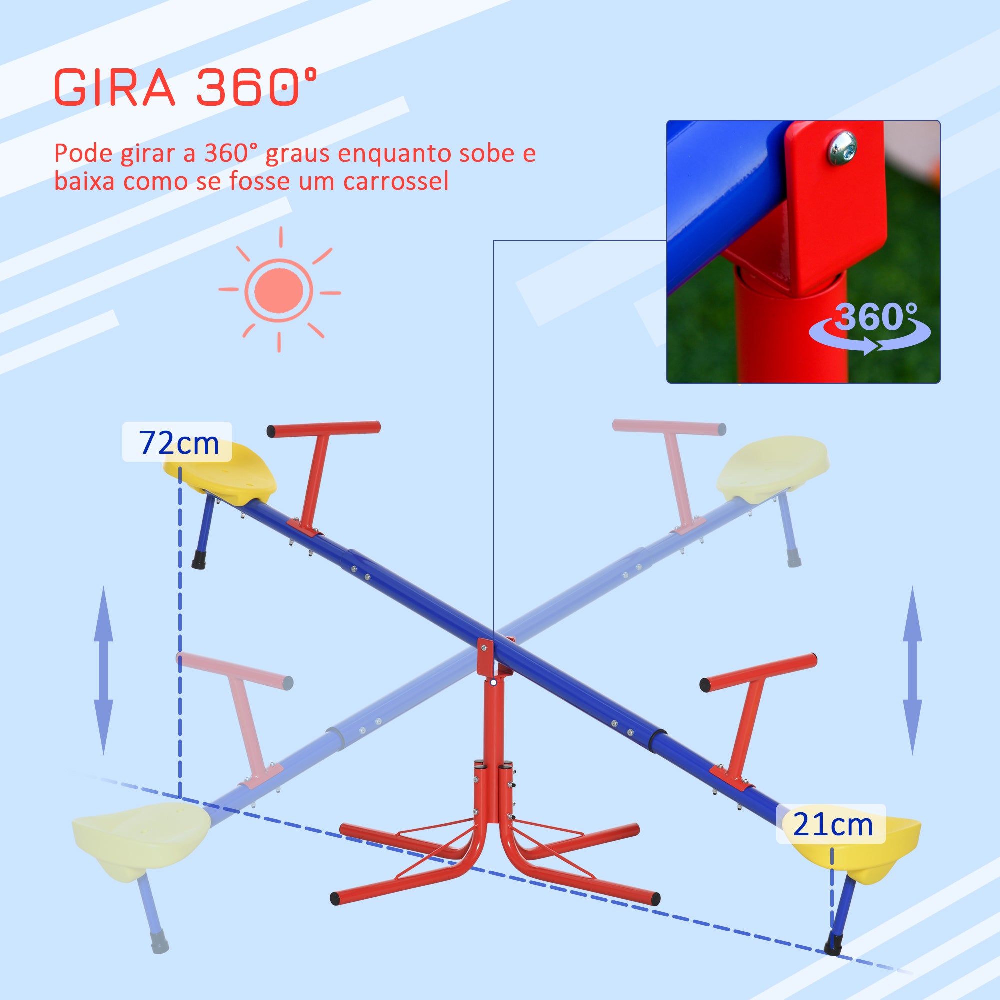 Gangorra Giratória 360º para Crianças Acima de 3 Anos - 182x77x43 cm - Multicolor