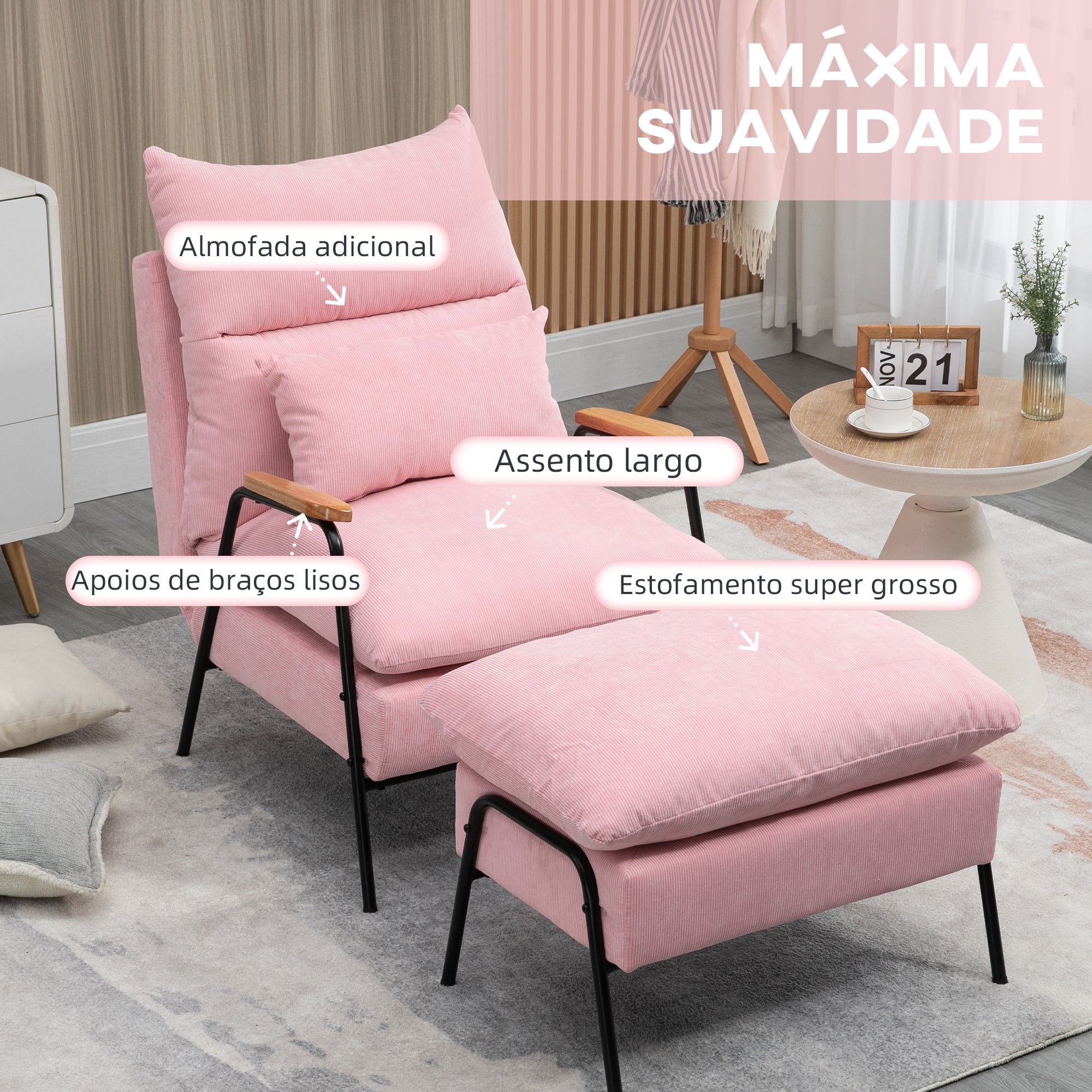 Poltrona Relax – 68x91,5x88cm – Rosa – Tecido de veludo cotelê