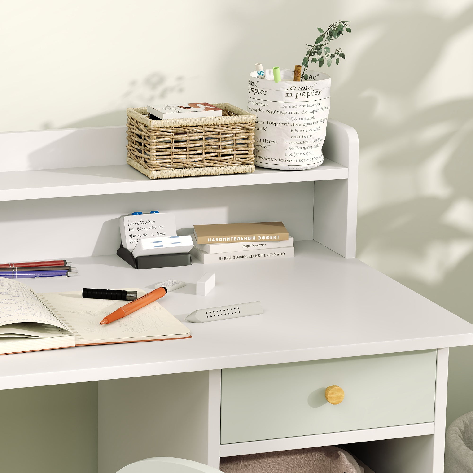 Conjunto de Secretária e Cadeira Infantil – 85x48x73 cm – Branco e Verde – MDF