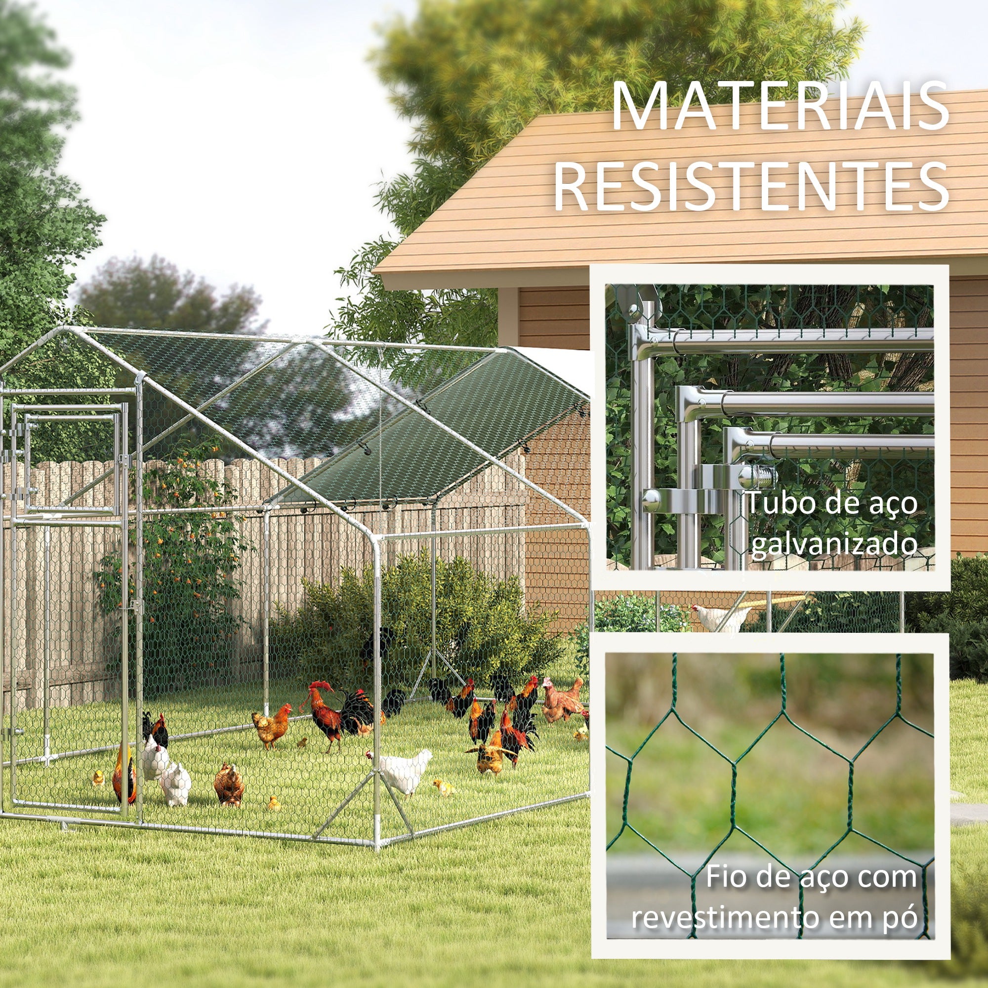 Galinheiro Exterior – 300x600x195 cm – Prata – Aço galvanizado e malha de aço