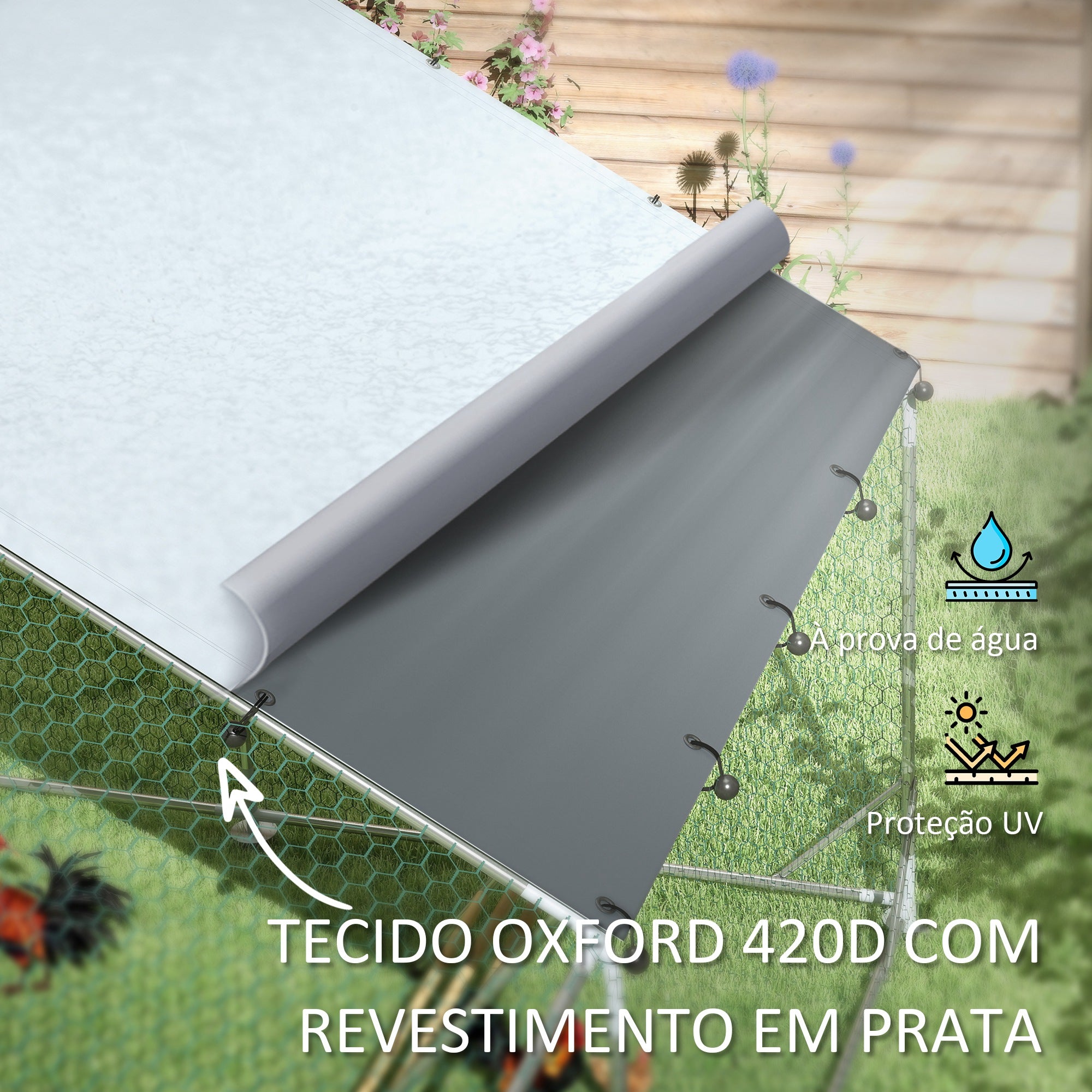 Galinheiro Exterior – 300x600x195 cm – Prata – Aço galvanizado e malha de aço