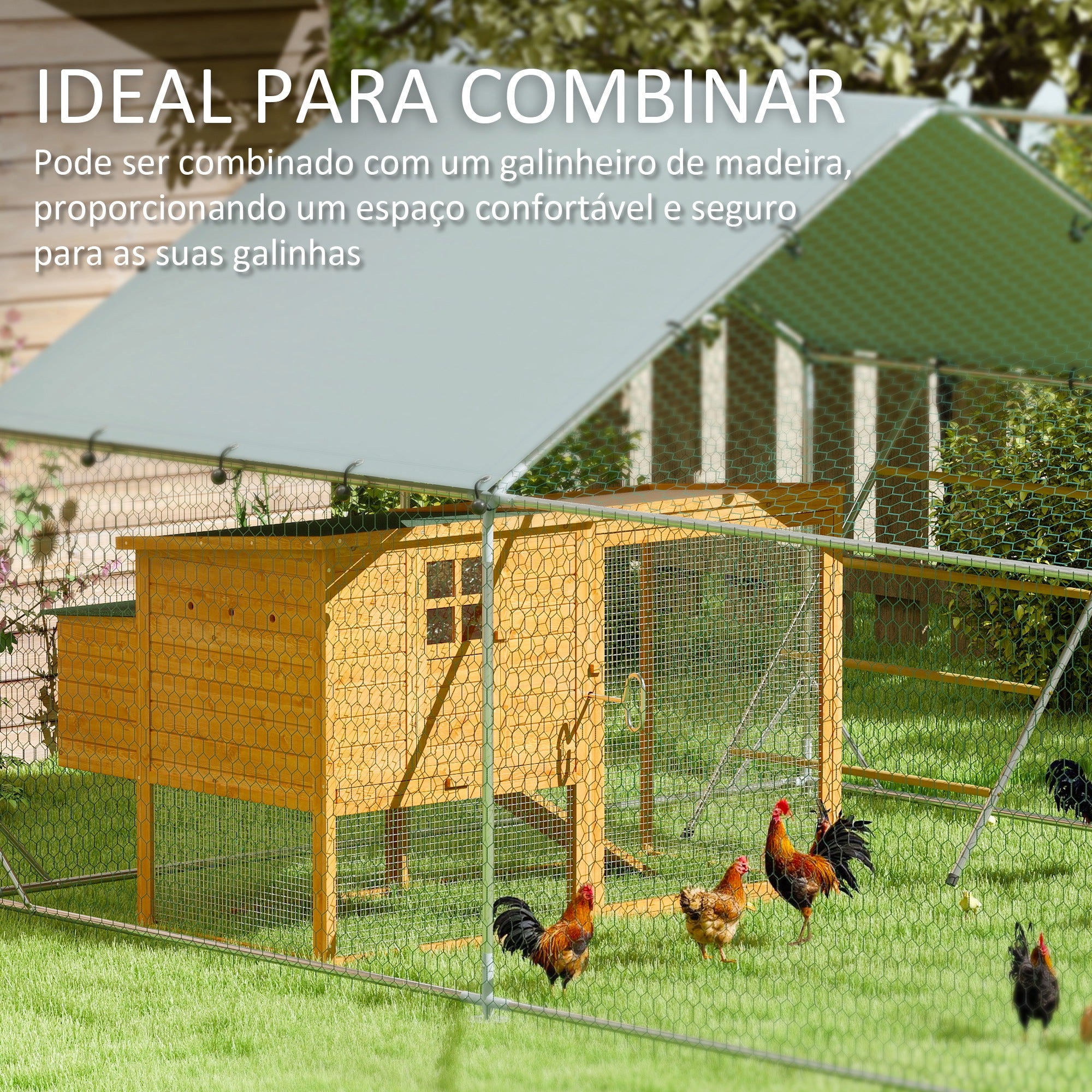 Galinheiro Exterior – 300x600x195 cm – Prata – Aço galvanizado e malha de aço