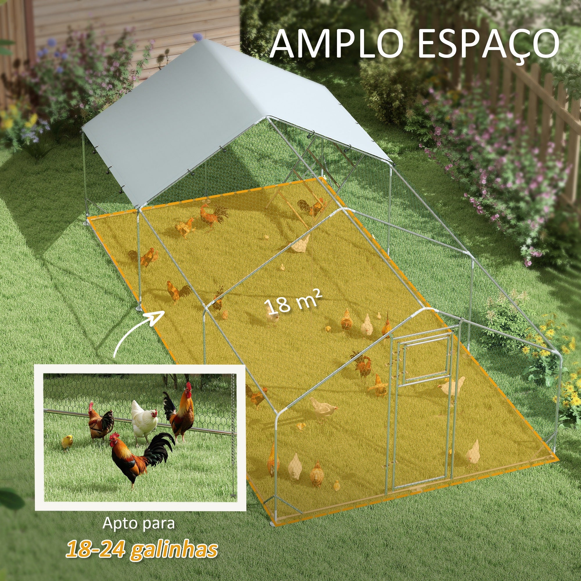 Galinheiro Exterior – 300x600x195 cm – Prata – Aço galvanizado e malha de aço