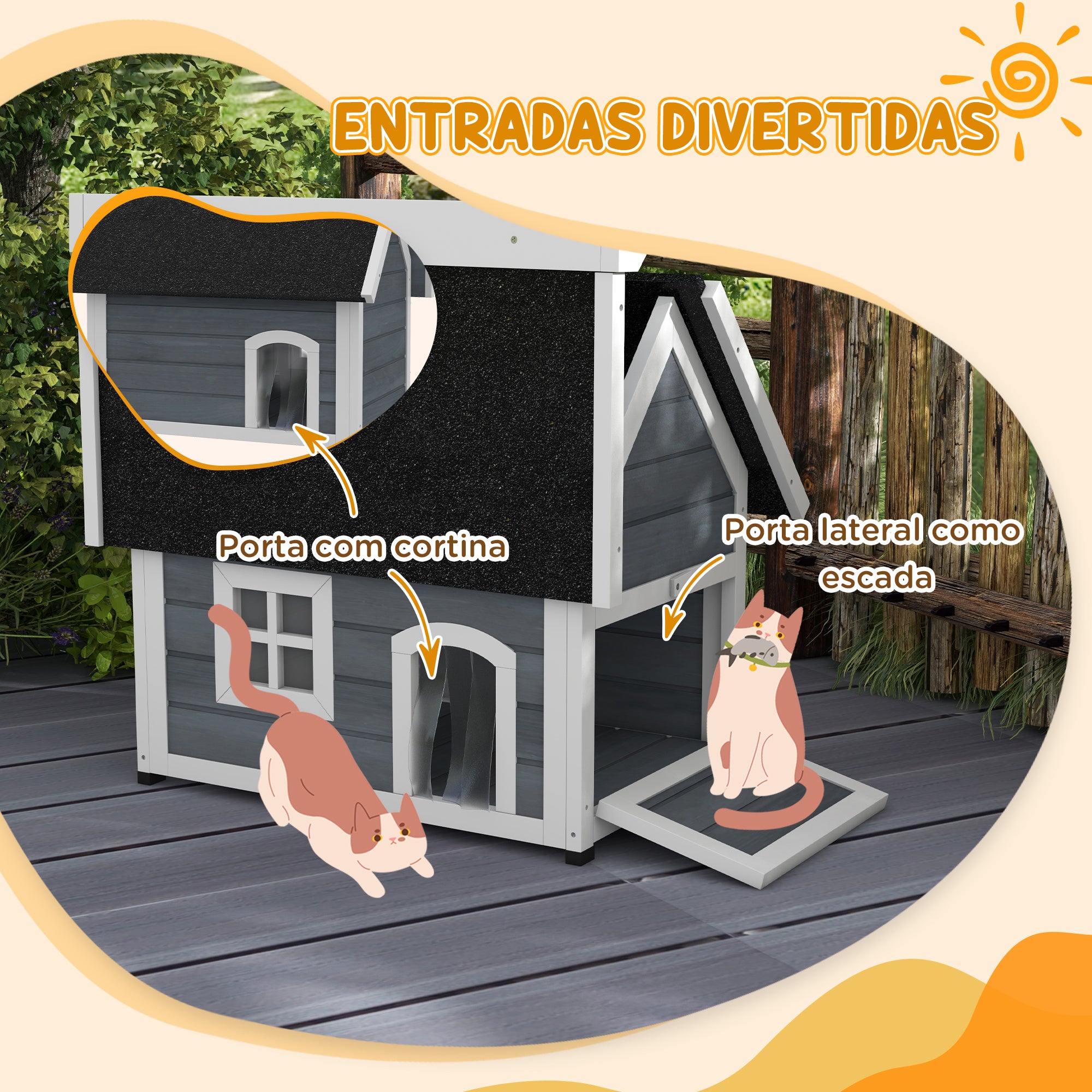 Casa para Gatos de Madeira com Telhado Asfáltico 77x57,5x68 cm - Cinzento