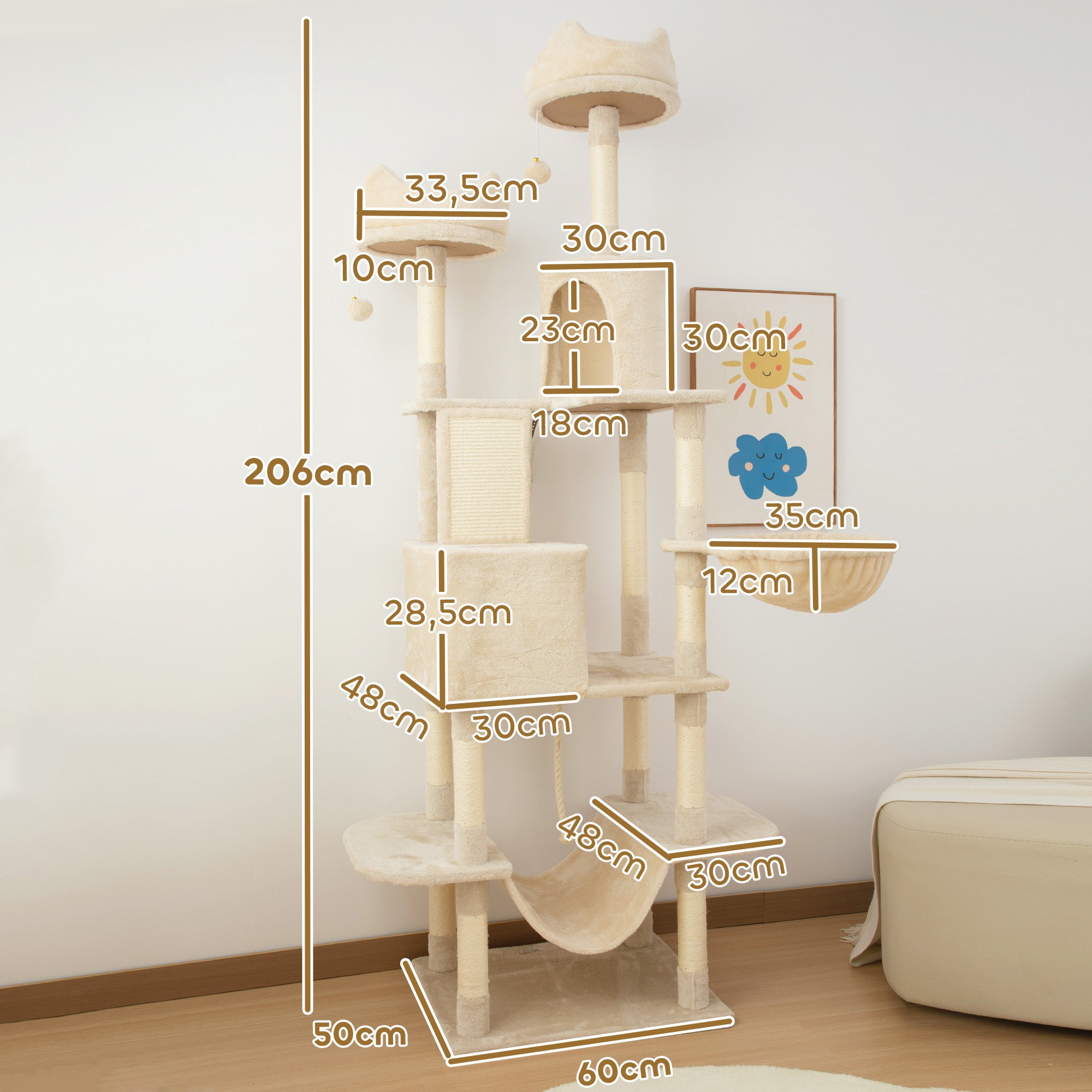 Arranhador para Gatos Grande – 60x50x206 cm – Bege
