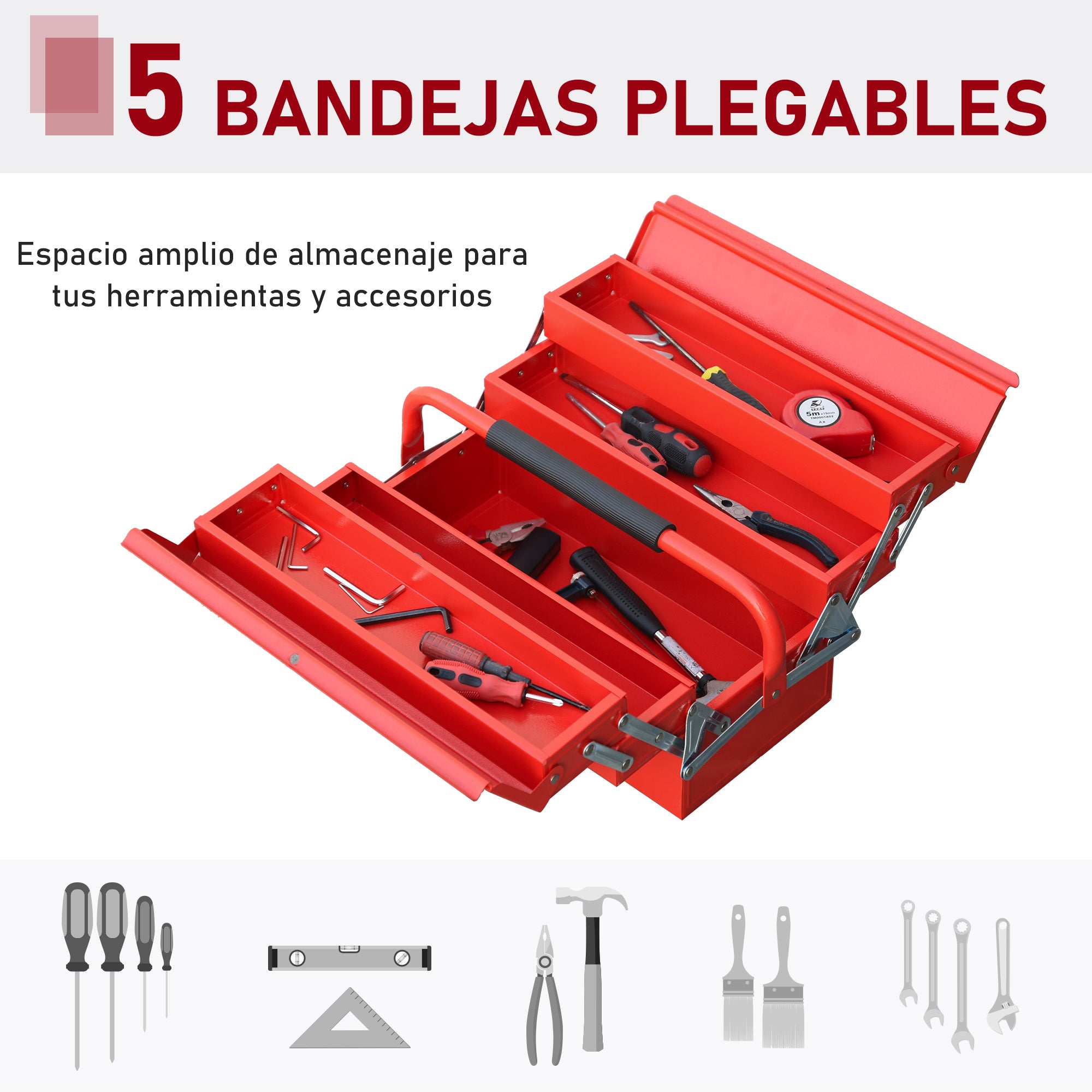 Caixa de Ferramentas Dobrável de Aço 45x22,5x34,5 cm - Vermelho