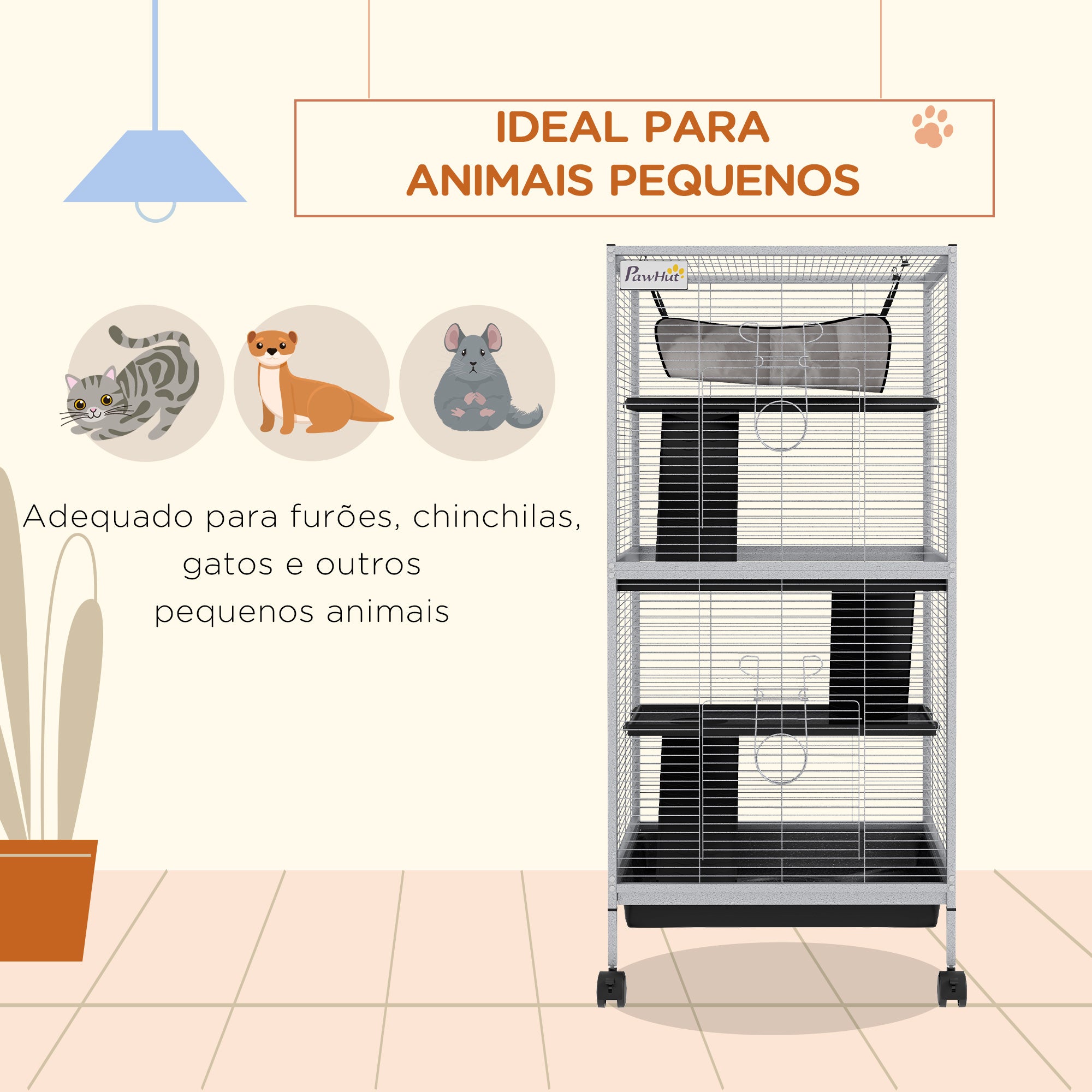 Gaiola para Roedores 52x52x113.5 cm Branca com Rodas e 3 Rampas