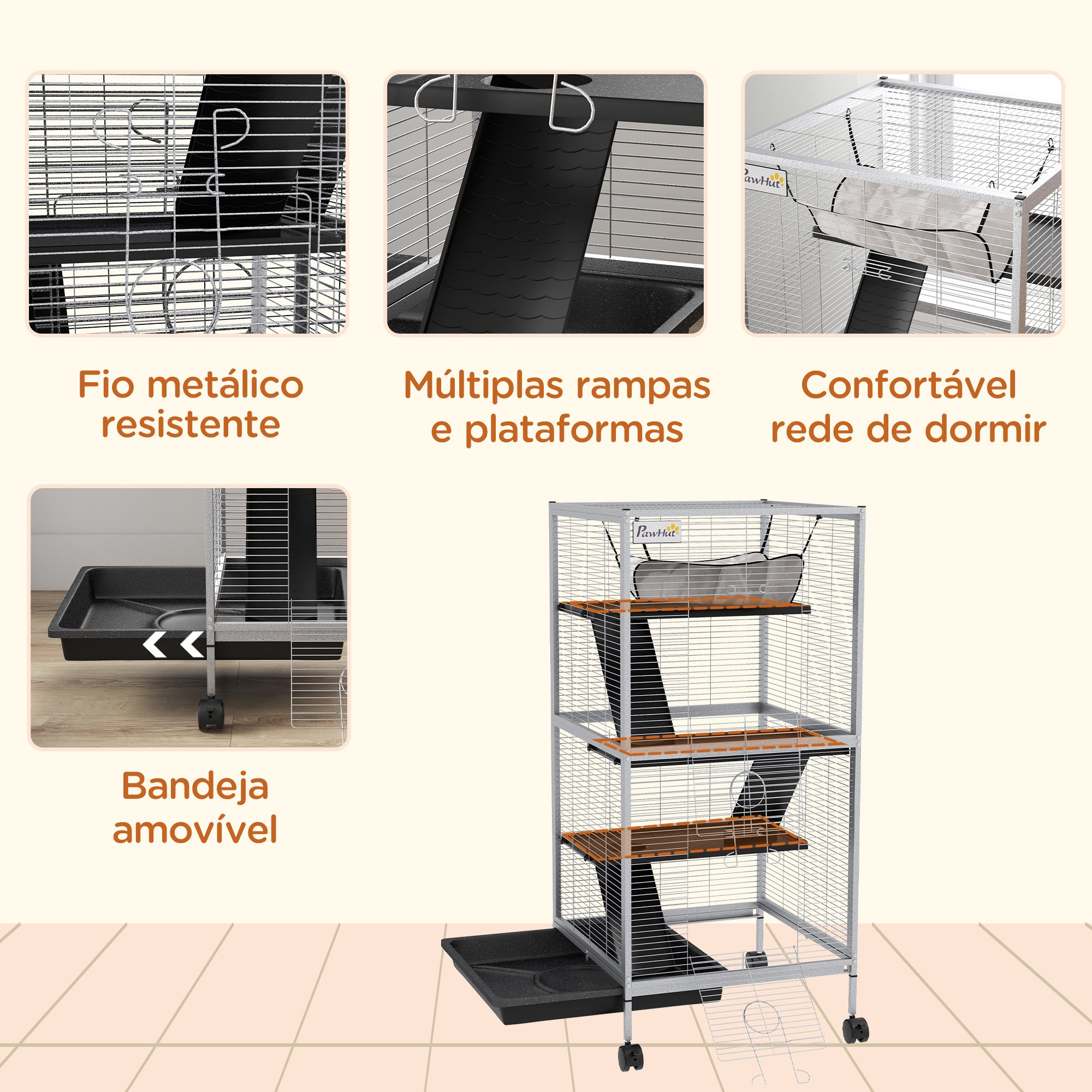 Gaiola para Roedores 52x52x113.5 cm Branca com Rodas e 3 Rampas