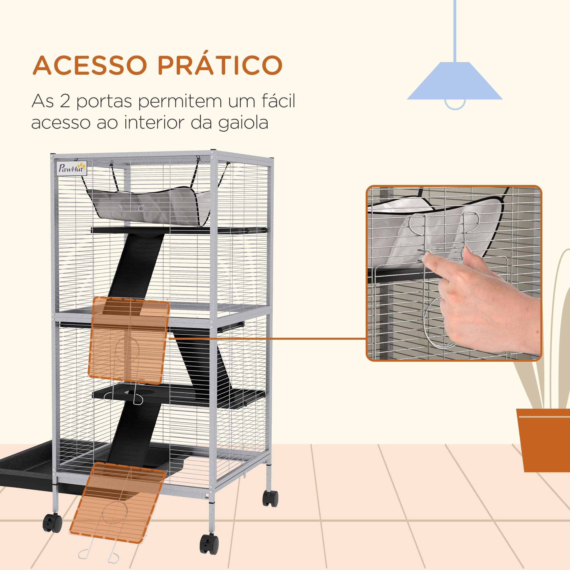 Gaiola para Roedores 52x52x113.5 cm Branca com Rodas e 3 Rampas