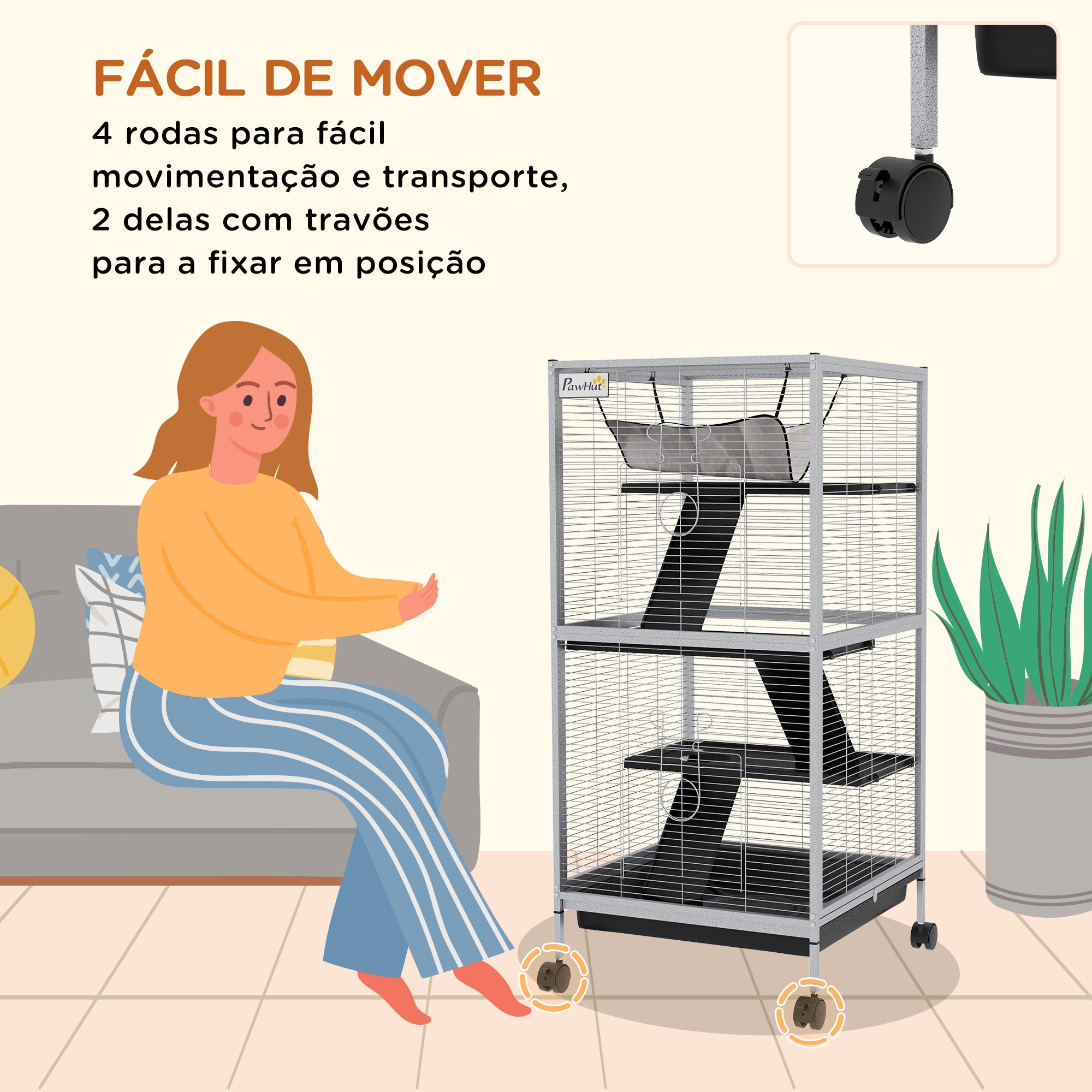 Gaiola para Roedores 52x52x113.5 cm Branca com Rodas e 3 Rampas