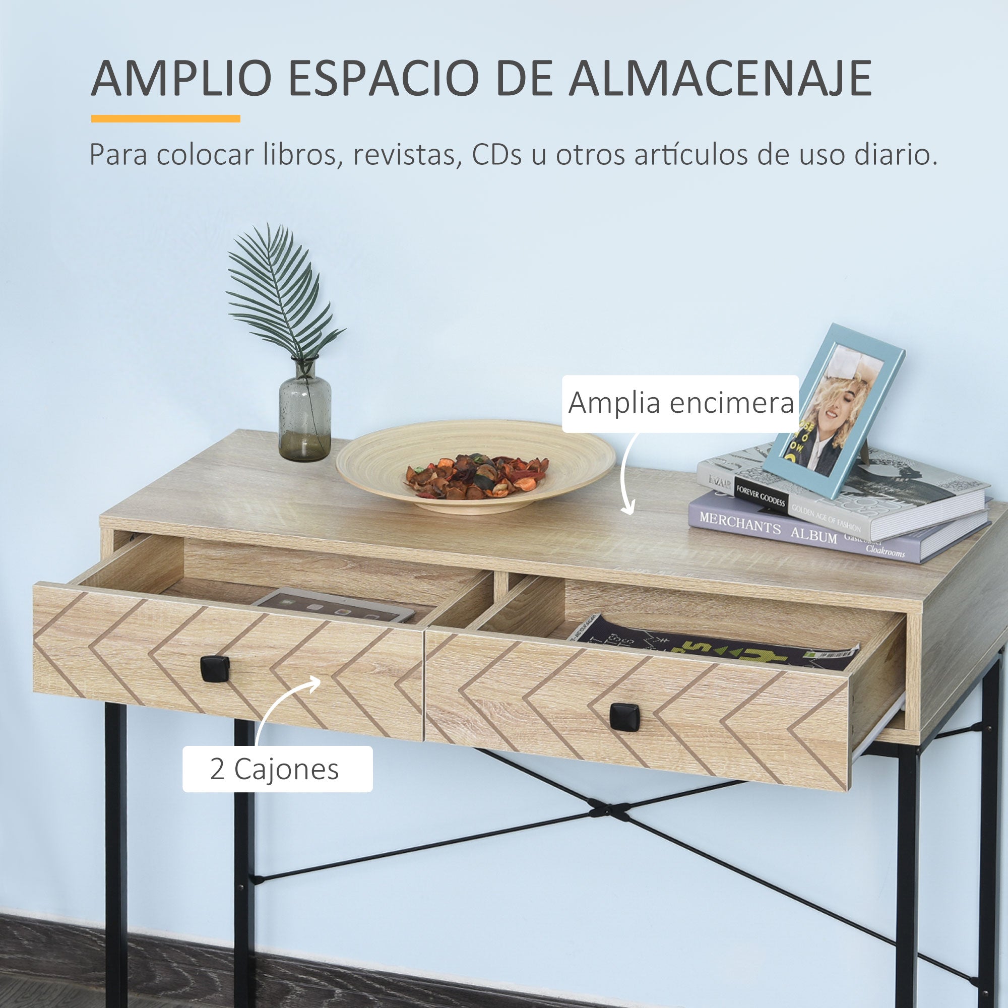 Mesa Consola – 90x35x76 cm – Cor de Madeira Natural – MDF e Metal