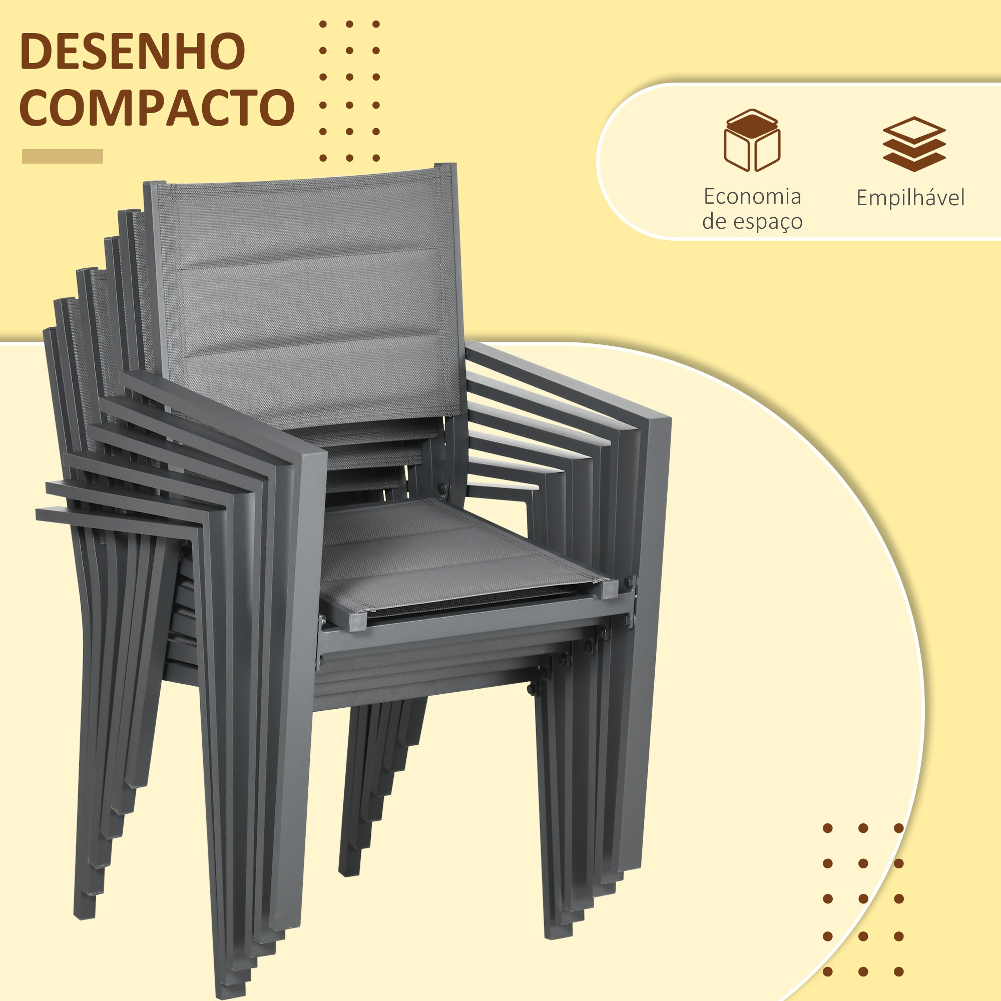Conjunto de Móveis de Jardim 7 Peças – 90-180x89x74cm – Cinza – Alumínio e Textilene