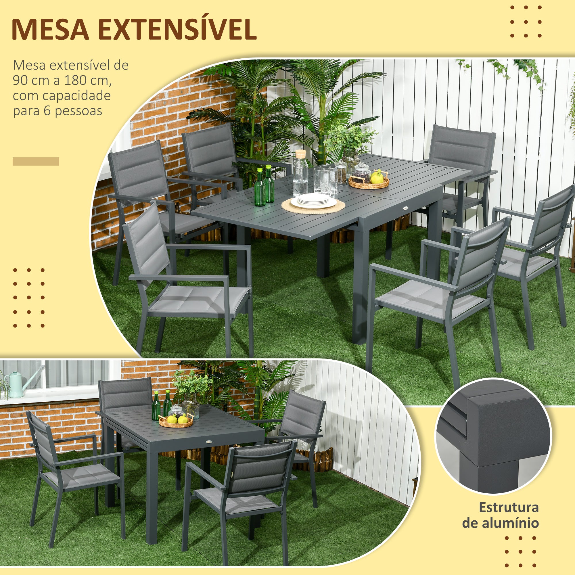 Conjunto de Móveis de Jardim 7 Peças – 90-180x89x74cm – Cinza – Alumínio e Textilene