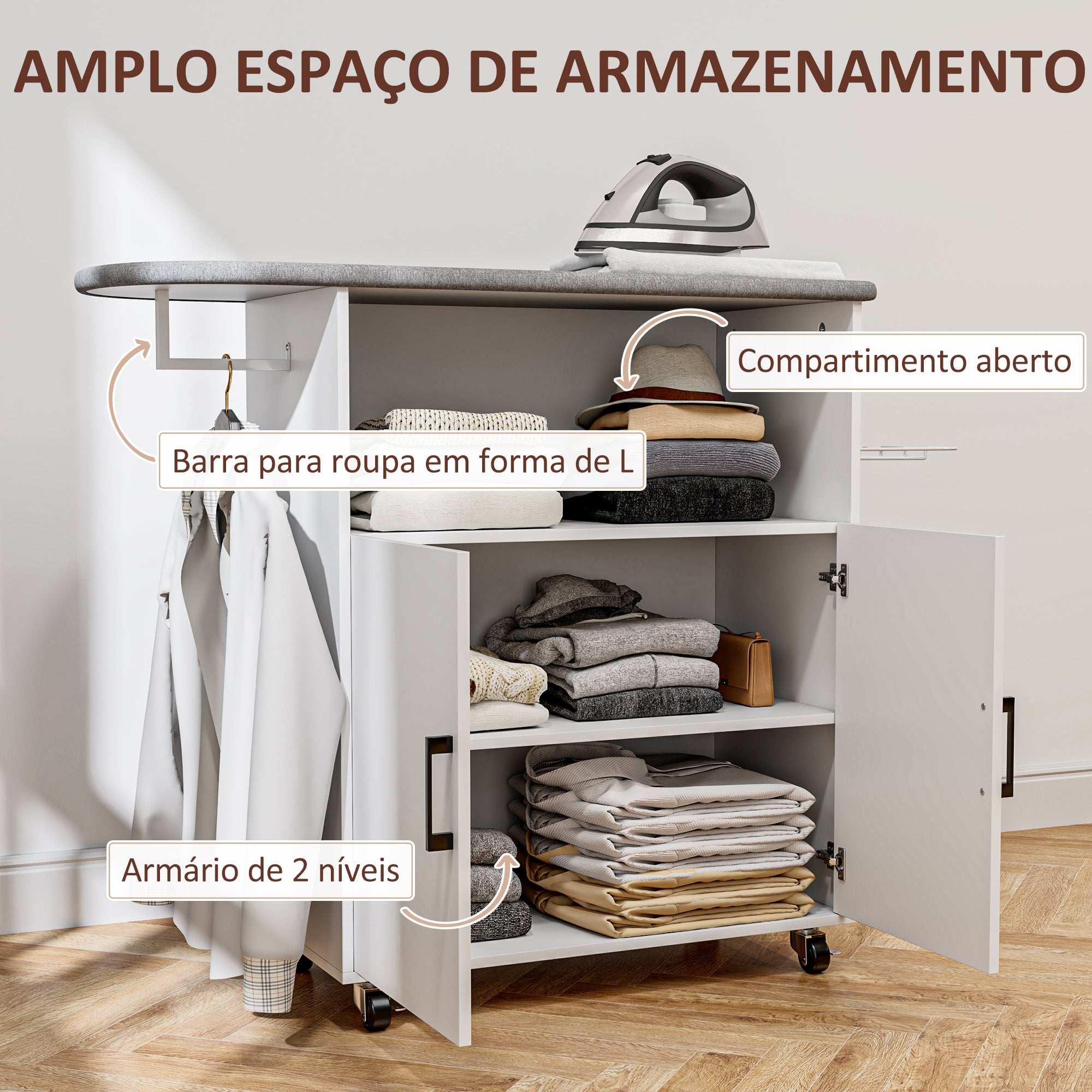 Móvel de Engomar a Ferro com Rodas – 125x43,5x102,5 cm – Branco – Melamina de madeira