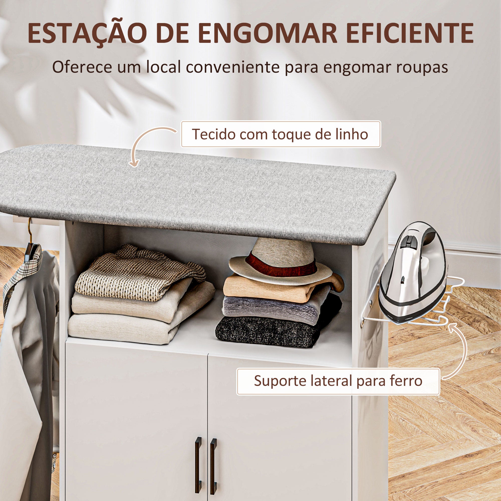 Móvel de Engomar a Ferro com Rodas – 125x43,5x102,5 cm – Branco – Melamina de madeira