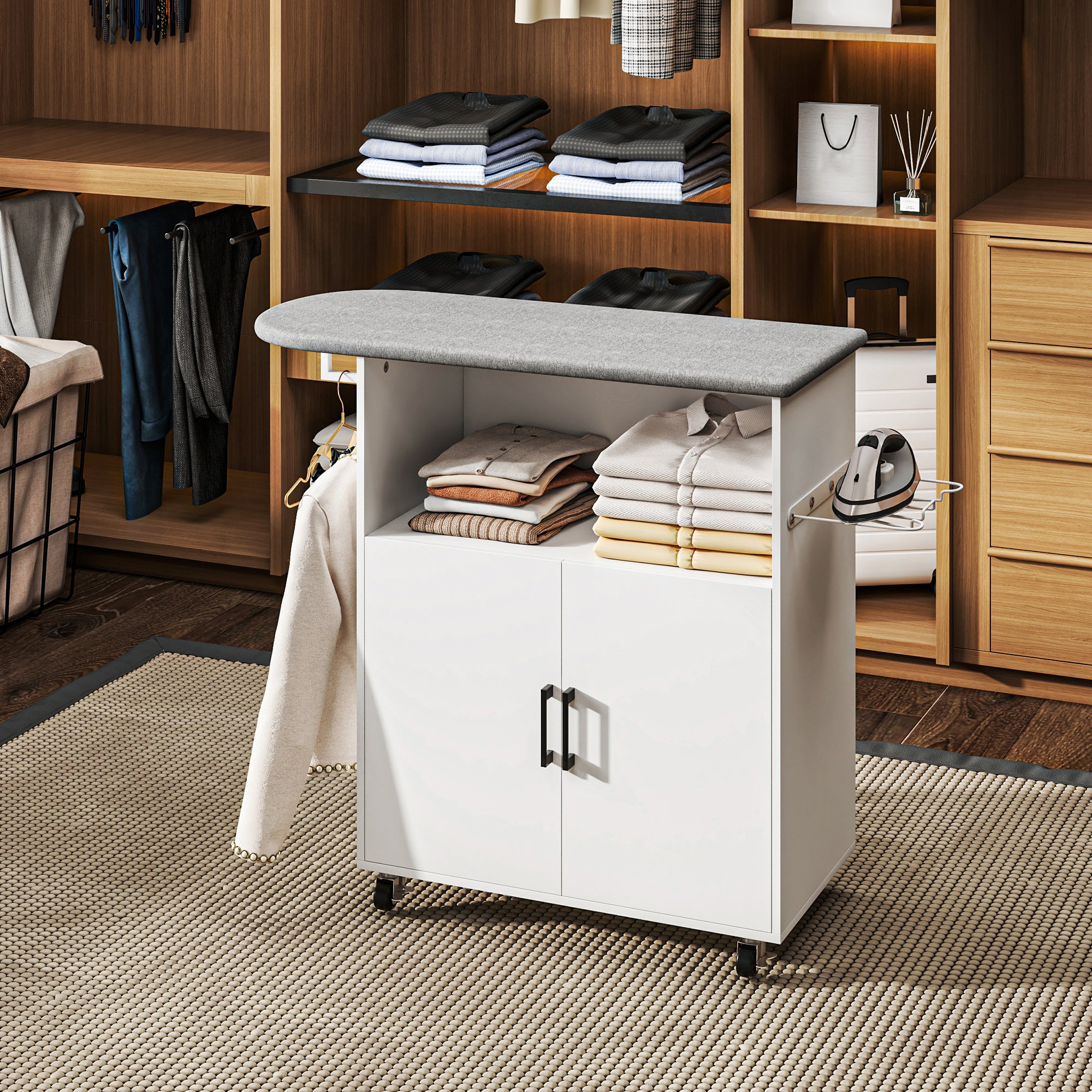 Móvel de Engomar a Ferro com Rodas – 125x43,5x102,5 cm – Branco – Melamina de madeira