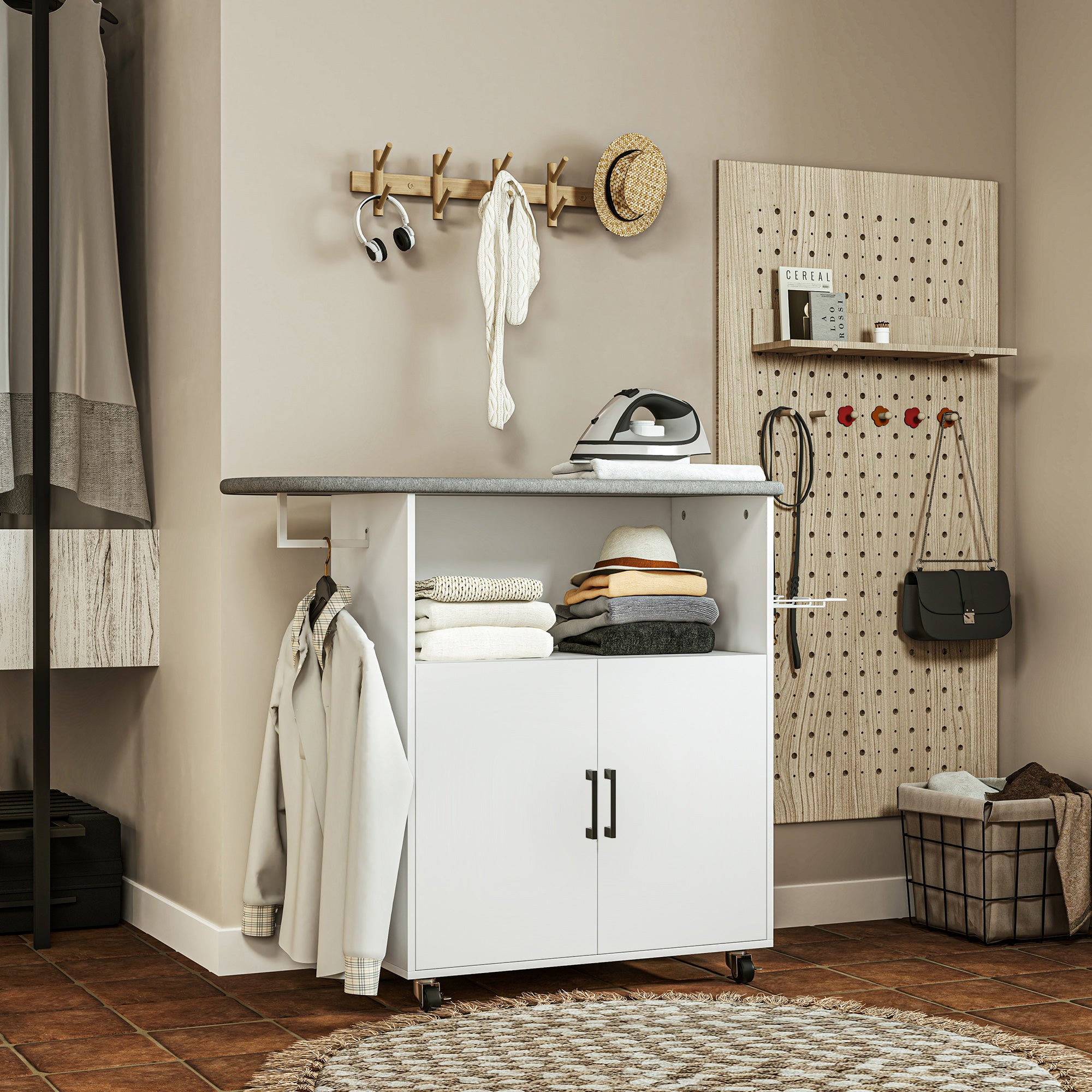 Móvel de Engomar a Ferro com Rodas – 125x43,5x102,5 cm – Branco – Melamina de madeira
