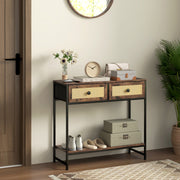 Mesa Consola Móvel de Entrada – 80x30x75 cm – Castanho Rústico – Melamina de madeira, MDF, aço, vime PE