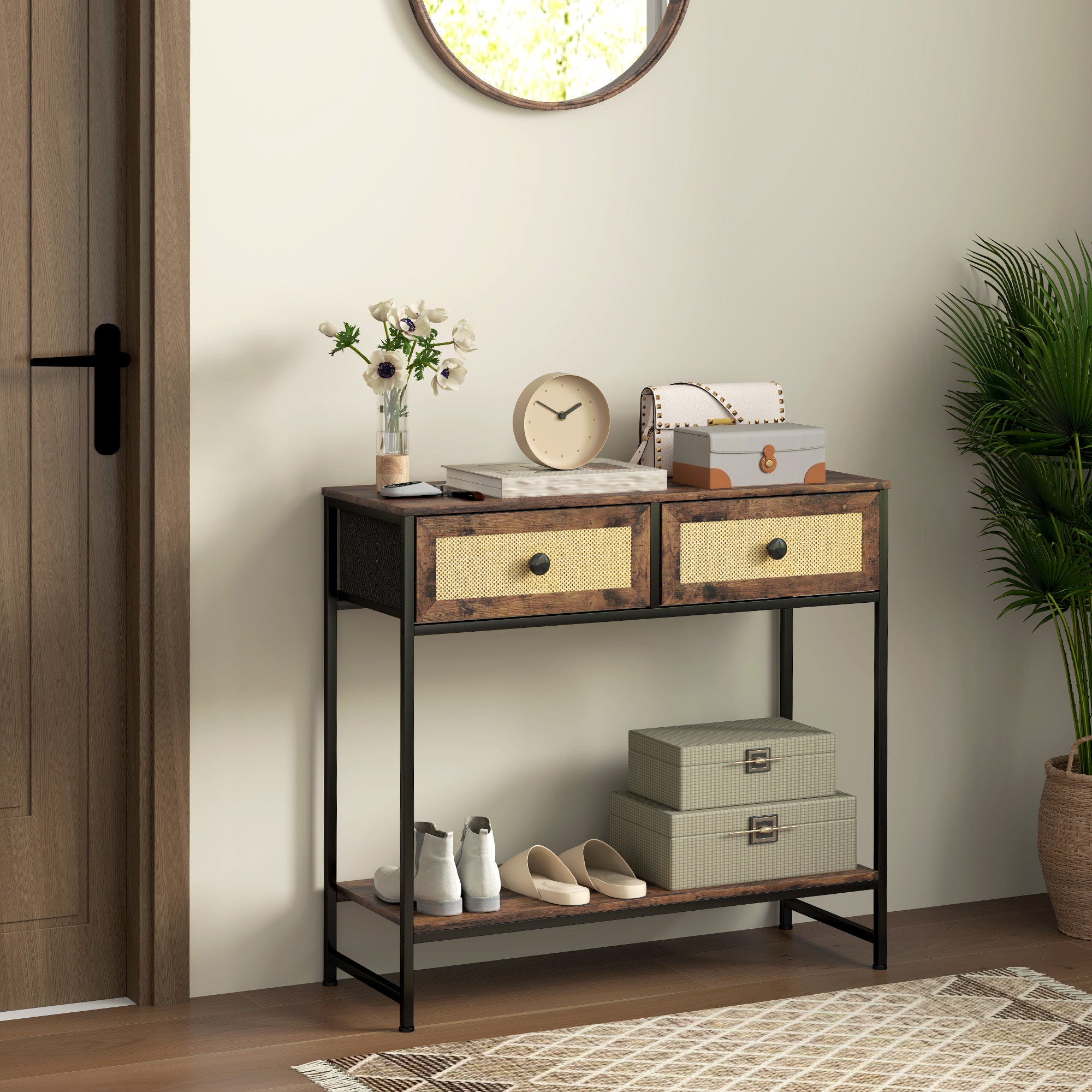 Mesa Consola Móvel de Entrada – 80x30x75 cm – Castanho Rústico – Melamina de madeira, MDF, aço, vime PE