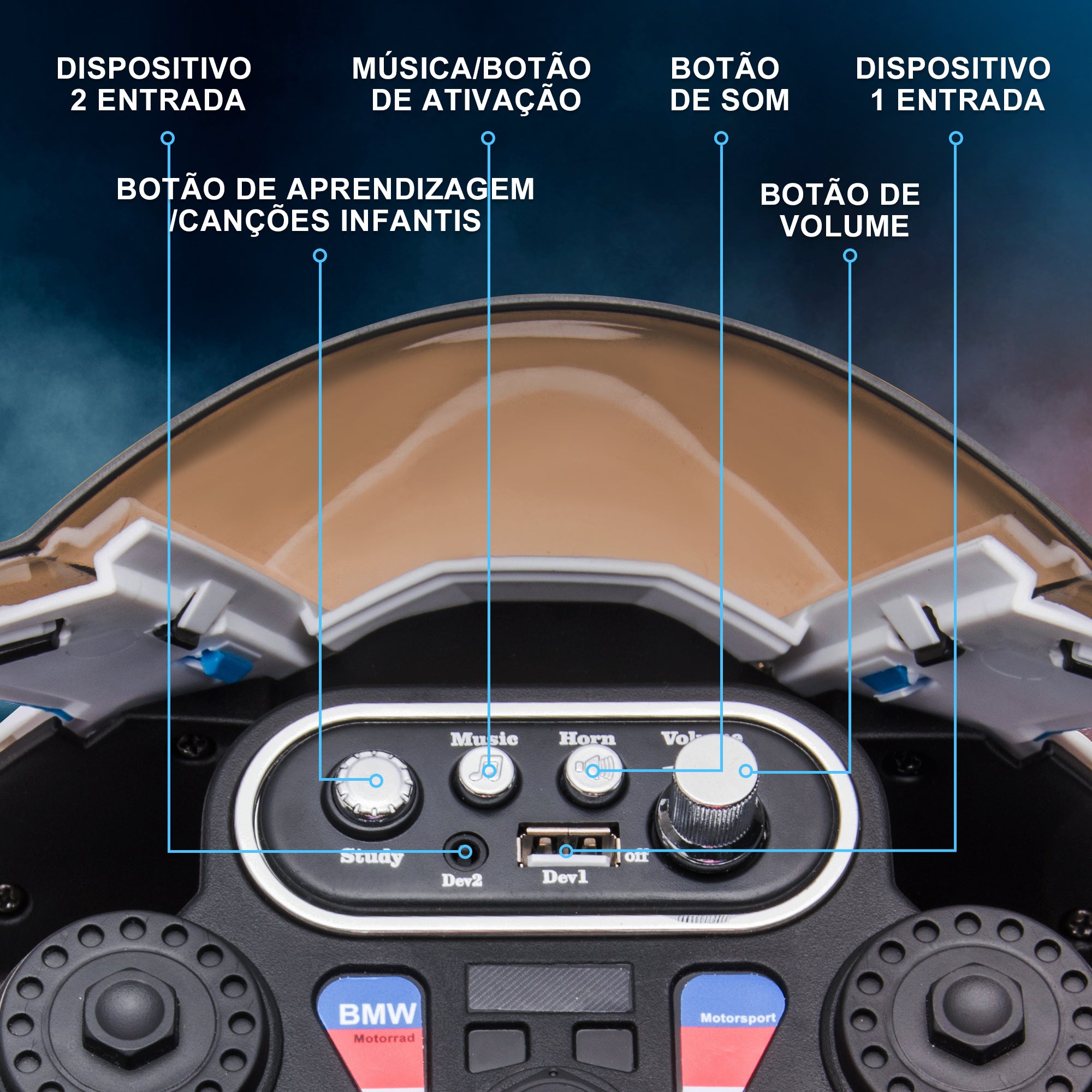 Mota Elétrica Infantil Azul 82,5x42x54 cm com Música e Faróis para Crianças Acima de 18 Meses