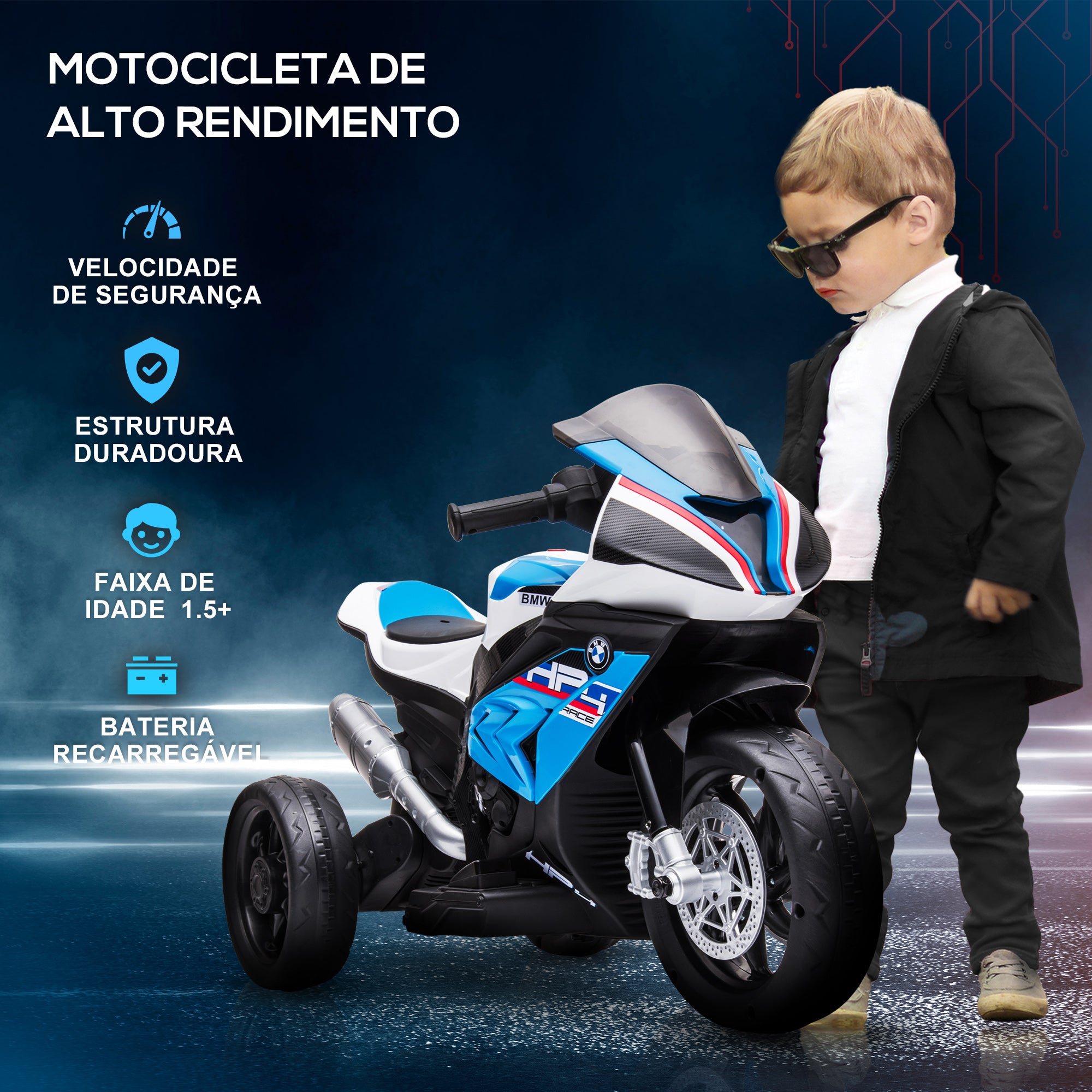 Mota Elétrica Infantil Azul 82,5x42x54 cm com Música e Faróis para Crianças Acima de 18 Meses