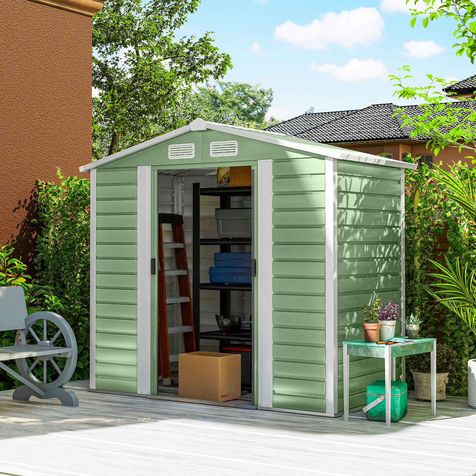 Abrigo de Jardim Exterior Verde Claro 213x120x166/194 cm