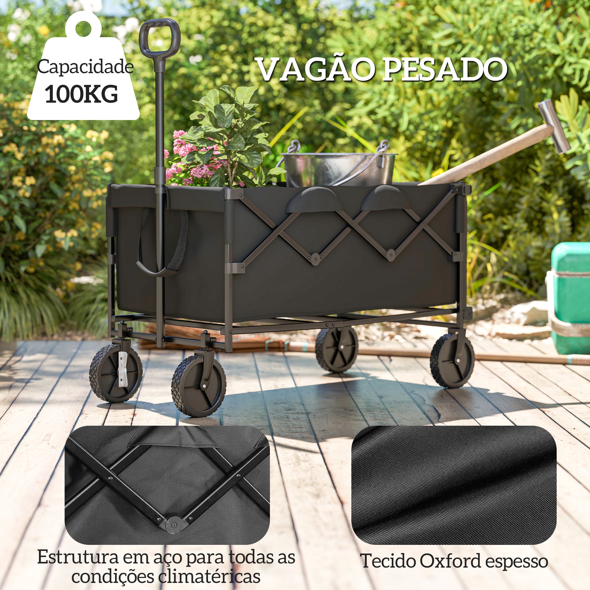 Carrinho de Transporte Dobrável com Rodas Grandes 95x55x102 cm Preto