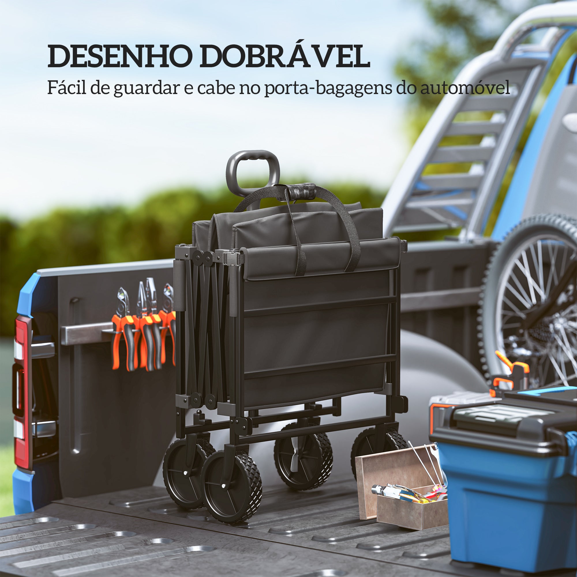 Carrinho de Transporte Dobrável com Rodas Grandes 95x55x102 cm Preto