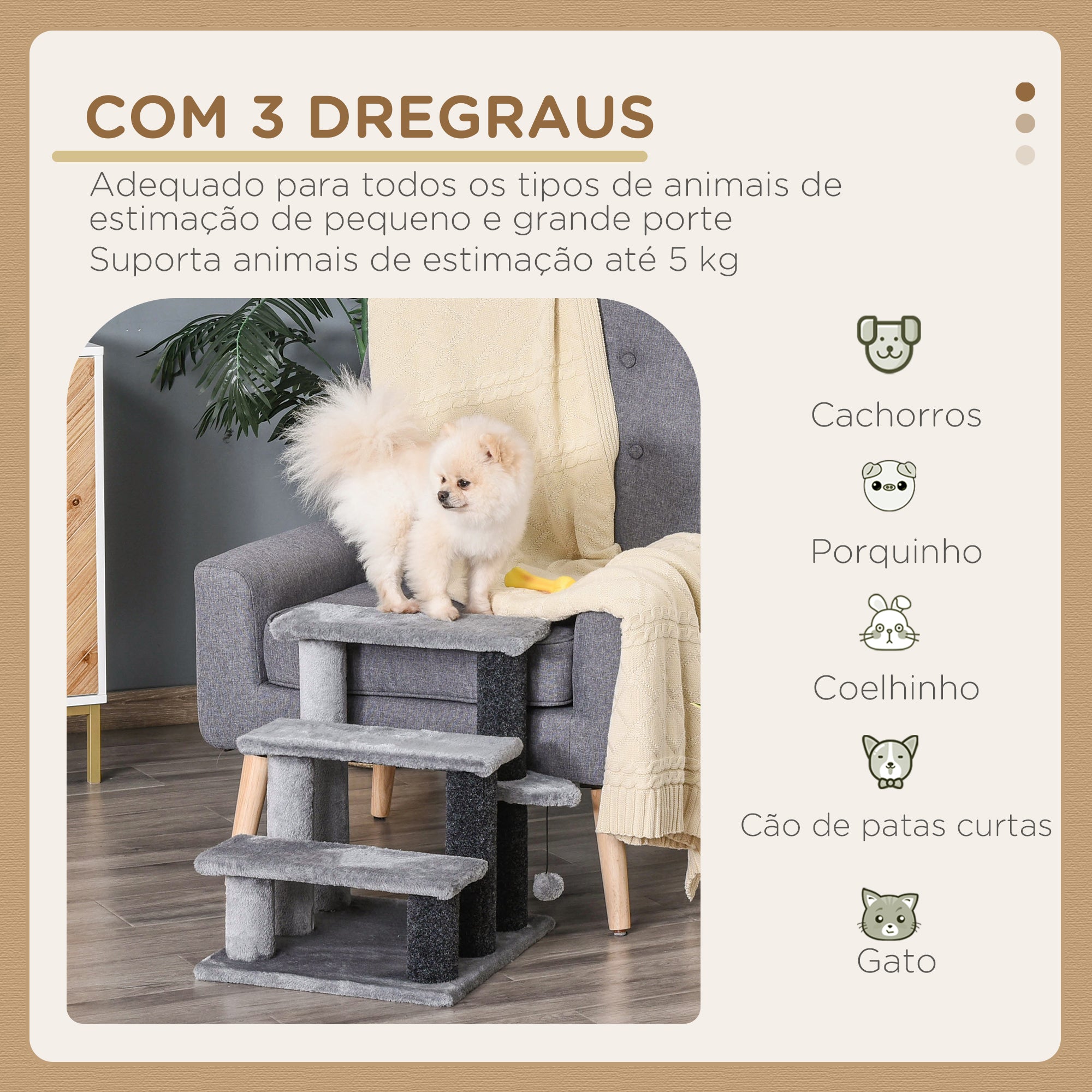 Escada para Animais de Estimação 45x40x48 cm Cinza