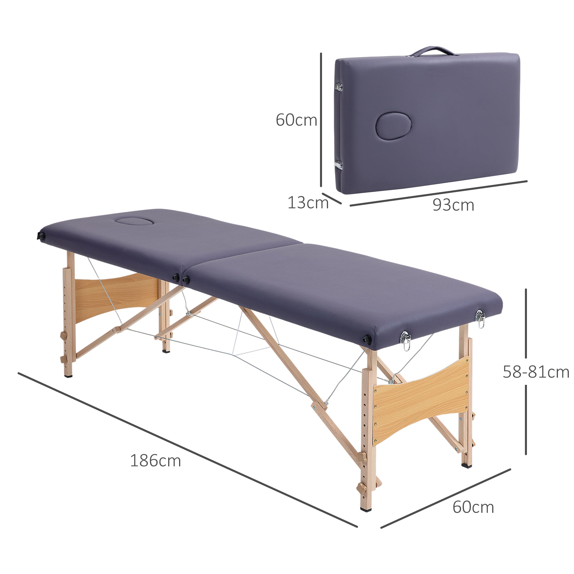 Marquesa de Massagem Dobrável – 186x60x58-81 cm – Roxo – Madeira