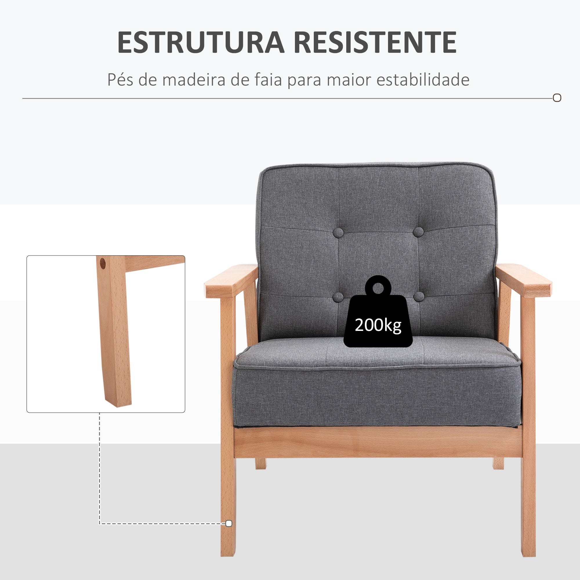 Poltrona Individual Estofada – 70x64,5x74cm – Cinza e Madeira